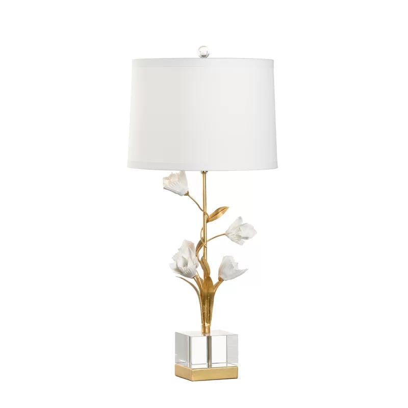 Antique Gold Leaf and Matte White Tulip Table Lamp with Off-White Silkette Shade