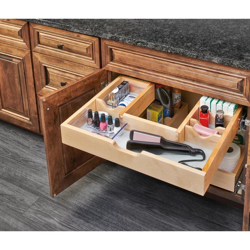 Maple Wood & Steel 27.56" Vanity Base Cabinet Pull-Out Organizer