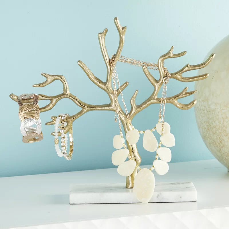 Contemporary Gold Aluminum Jewelry Tree with Marble Base