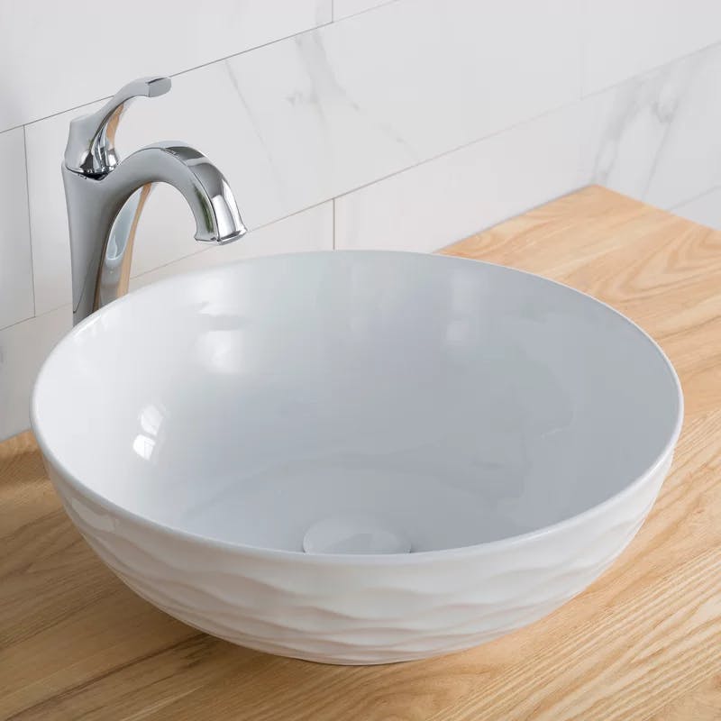 Modern Round Grey Ceramic Vessel Bathroom Sink, 16.5" with Pop-Up Drain
