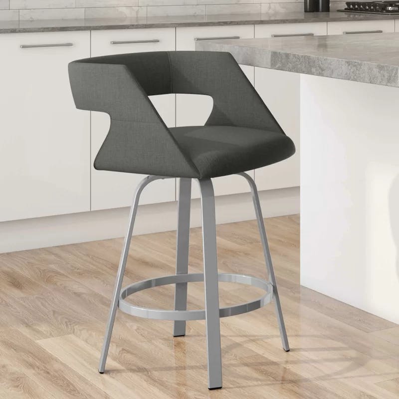 Charcoal Grey Polyester Swivel Counter Stool with Glossy Grey Metal Base