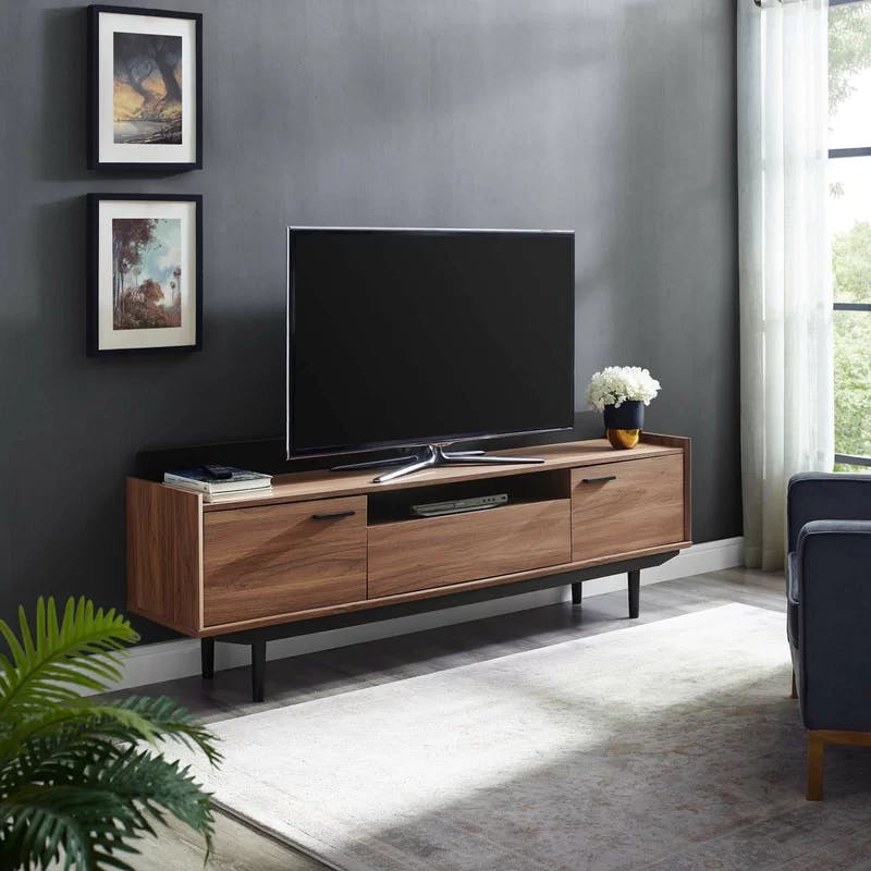 Modern Linear Walnut Black 71" TV Stand with Sleek Storage
