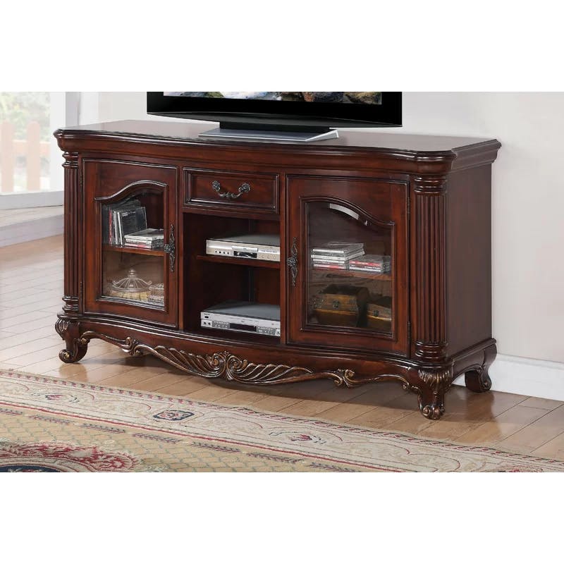 Elegant Remington Cherry Brown TV Stand with Glass Doors and Drawer