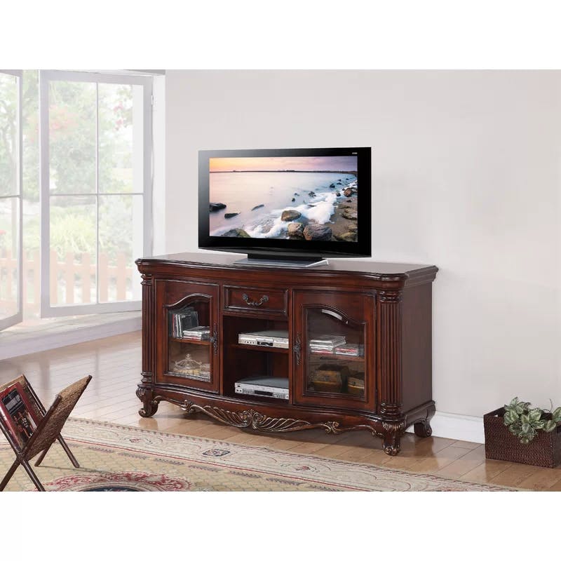 Elegant Remington Cherry Brown TV Stand with Glass Doors and Drawer