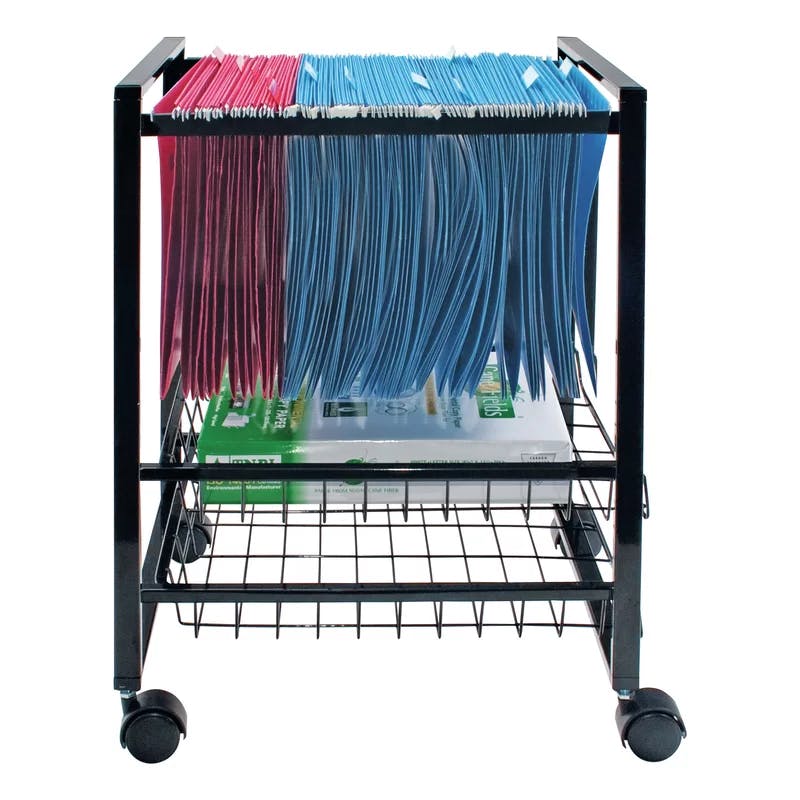 Compact Black Steel Mobile File Cart with Dual-Wheel Casters