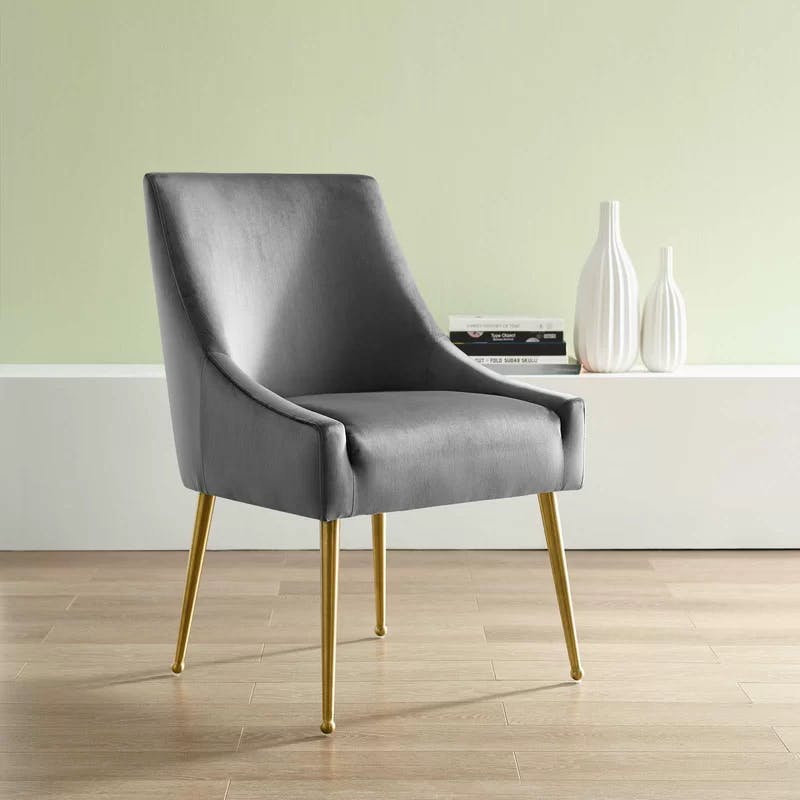 Sloping Arms Gray Velvet & Brushed Gold Wood Side Chair