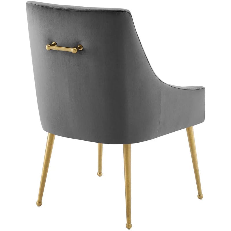 Sloping Arms Gray Velvet & Brushed Gold Wood Side Chair