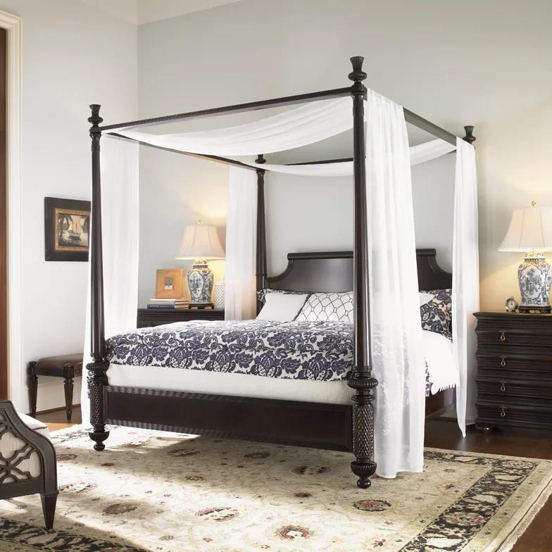 Transitional Brown Queen Canopy Bed with Upholstered Storage