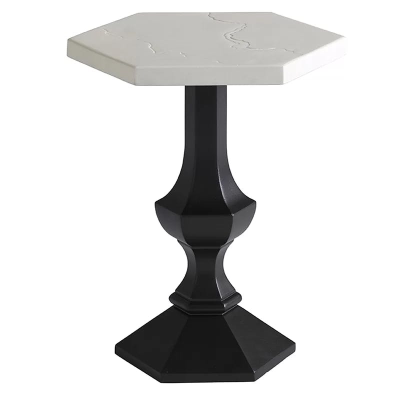 Transitional Black Hexagonal Accent Table with Limestone Top