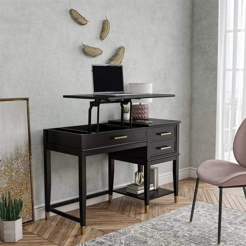 Westerleigh Black Wood Lift-Top Desk with Gold Accents