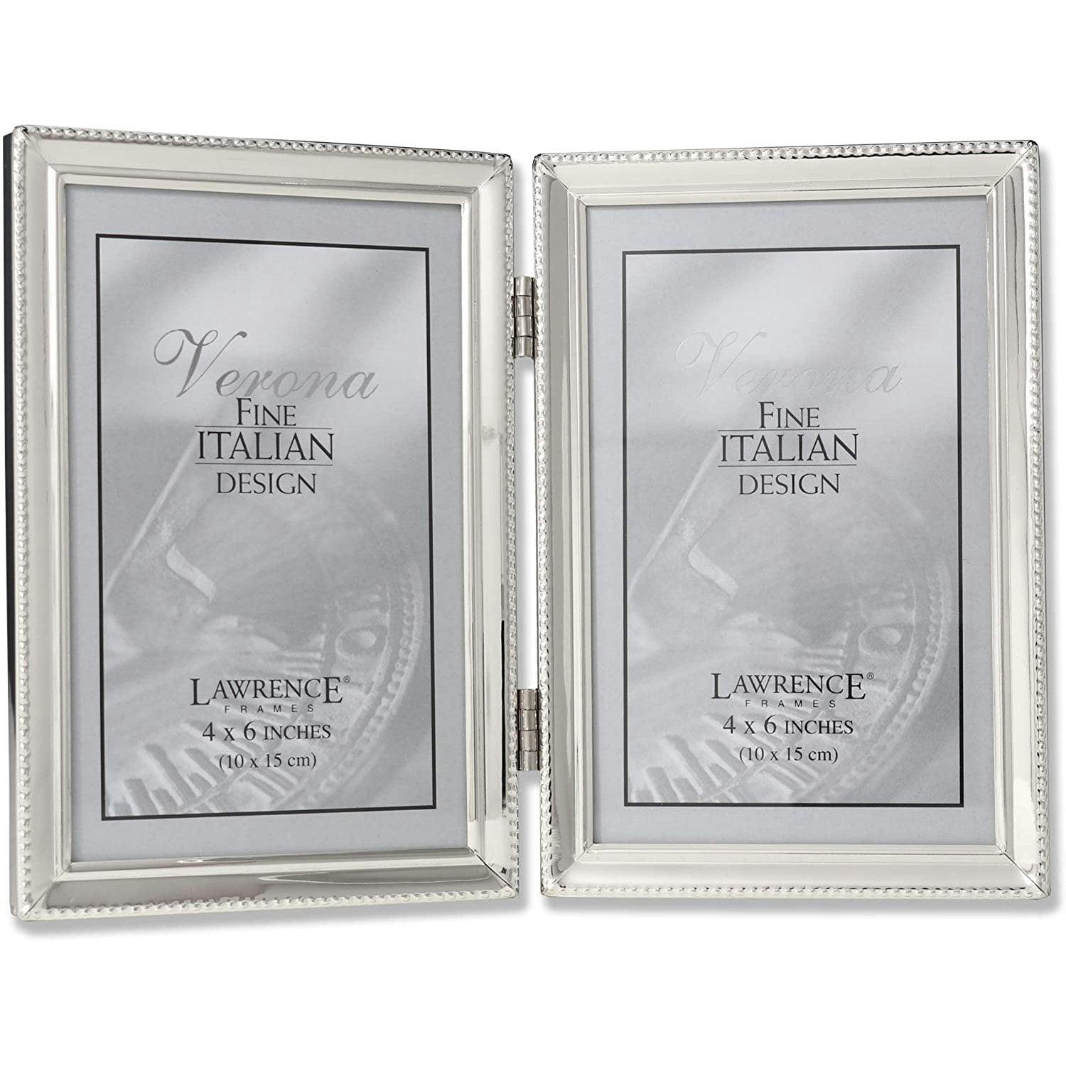 Elegant Polished Silver Metal 4x6 Hinged Double Photo Frame with Bead Border
