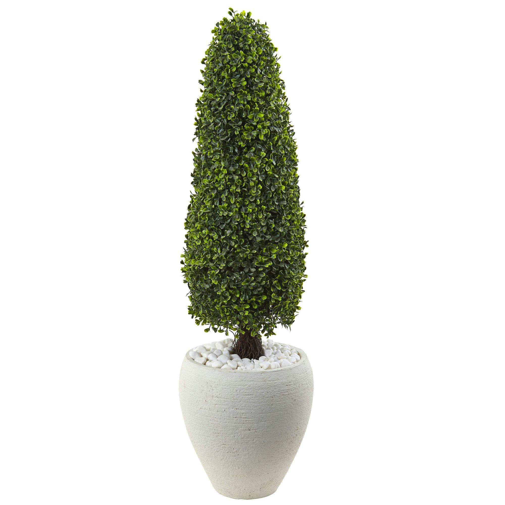 Elegant Outdoor Boxwood Topiary in Textured White Planter, 42"