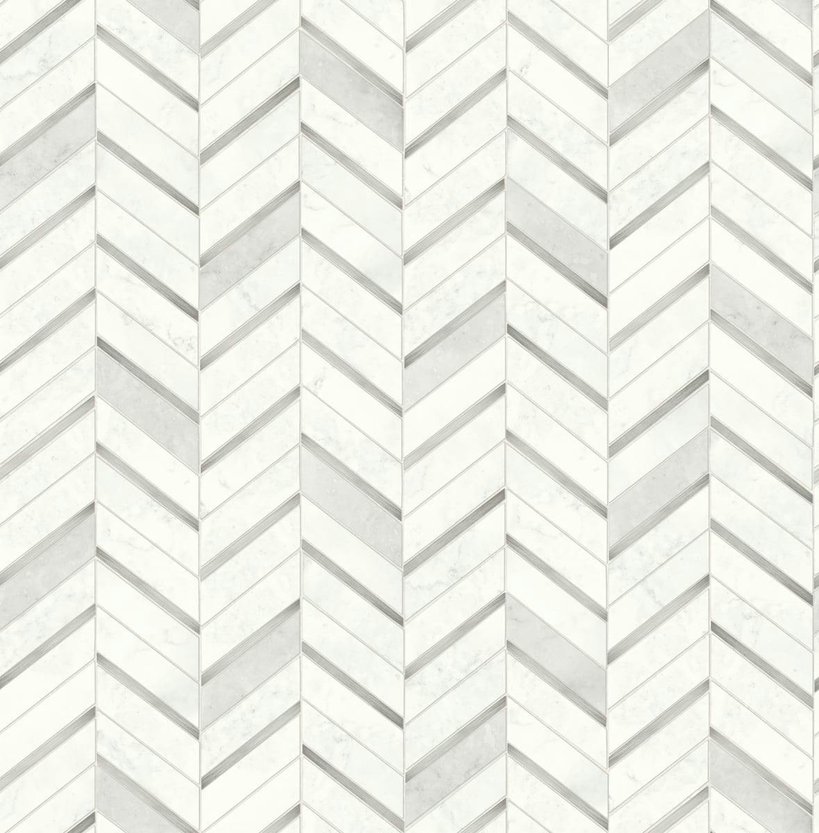 Chevron Marble Tile Peel and Stick Wallpaper in Metallic Silver & Pearl Gray