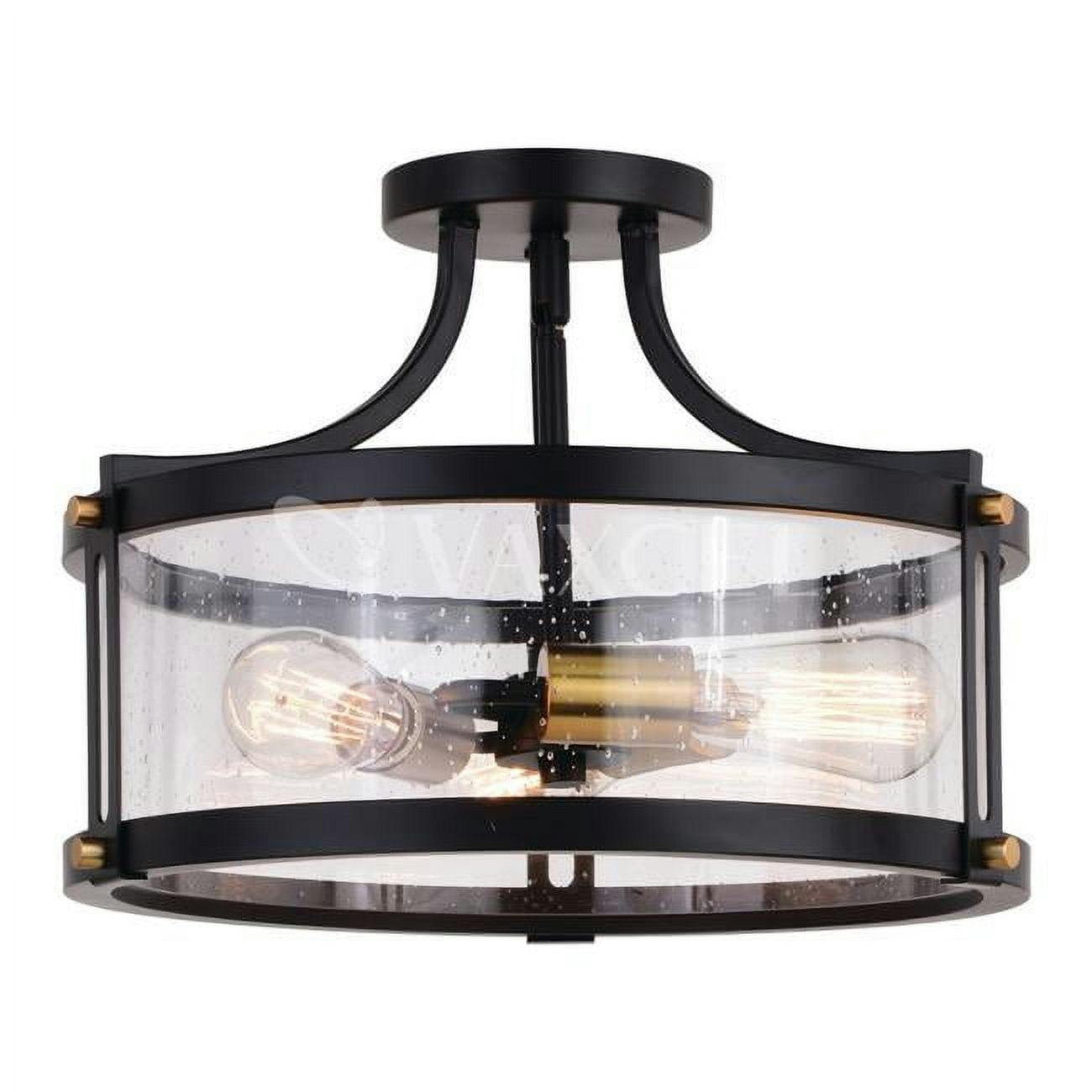 Holbrook 15.75" Matte Black & Satin Brass Drum Semi-Flush Mount with Clear Seeded Glass