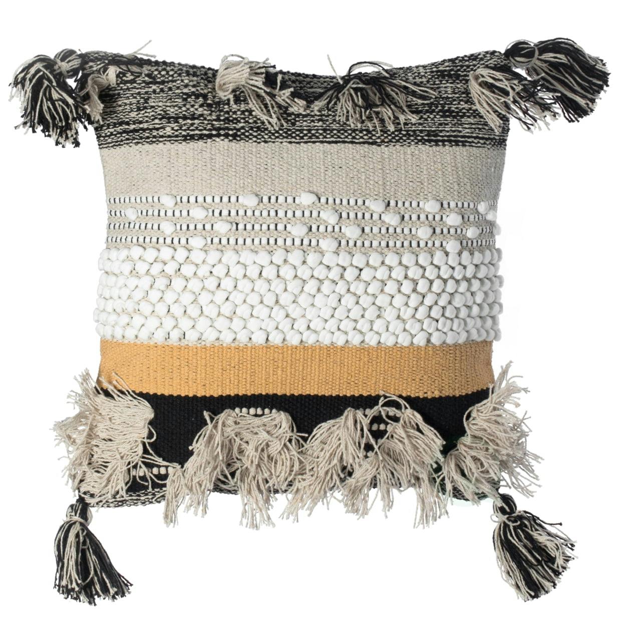 17" Artisan Boho Cotton Square Pillow with Tassels, Beige
