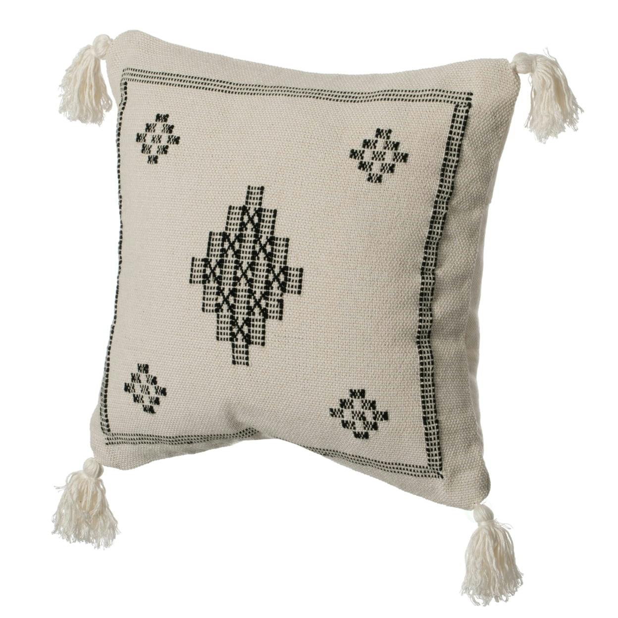 Bohemian 16" Black Cotton Throw Pillow Cover with Tribal Tassels
