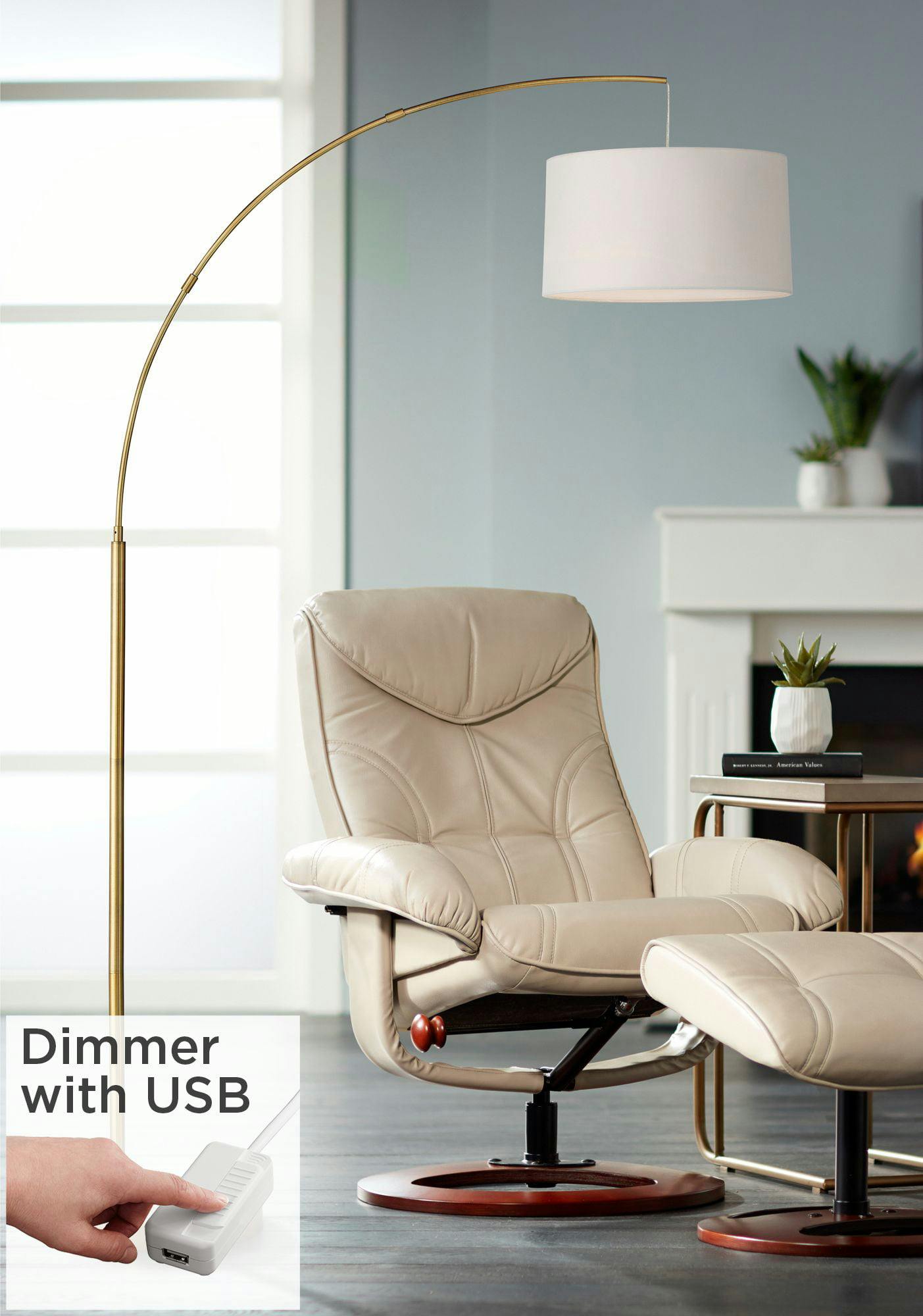 Elegant Brass Finish Arc Floor Lamp with White Linen Shade and USB Port