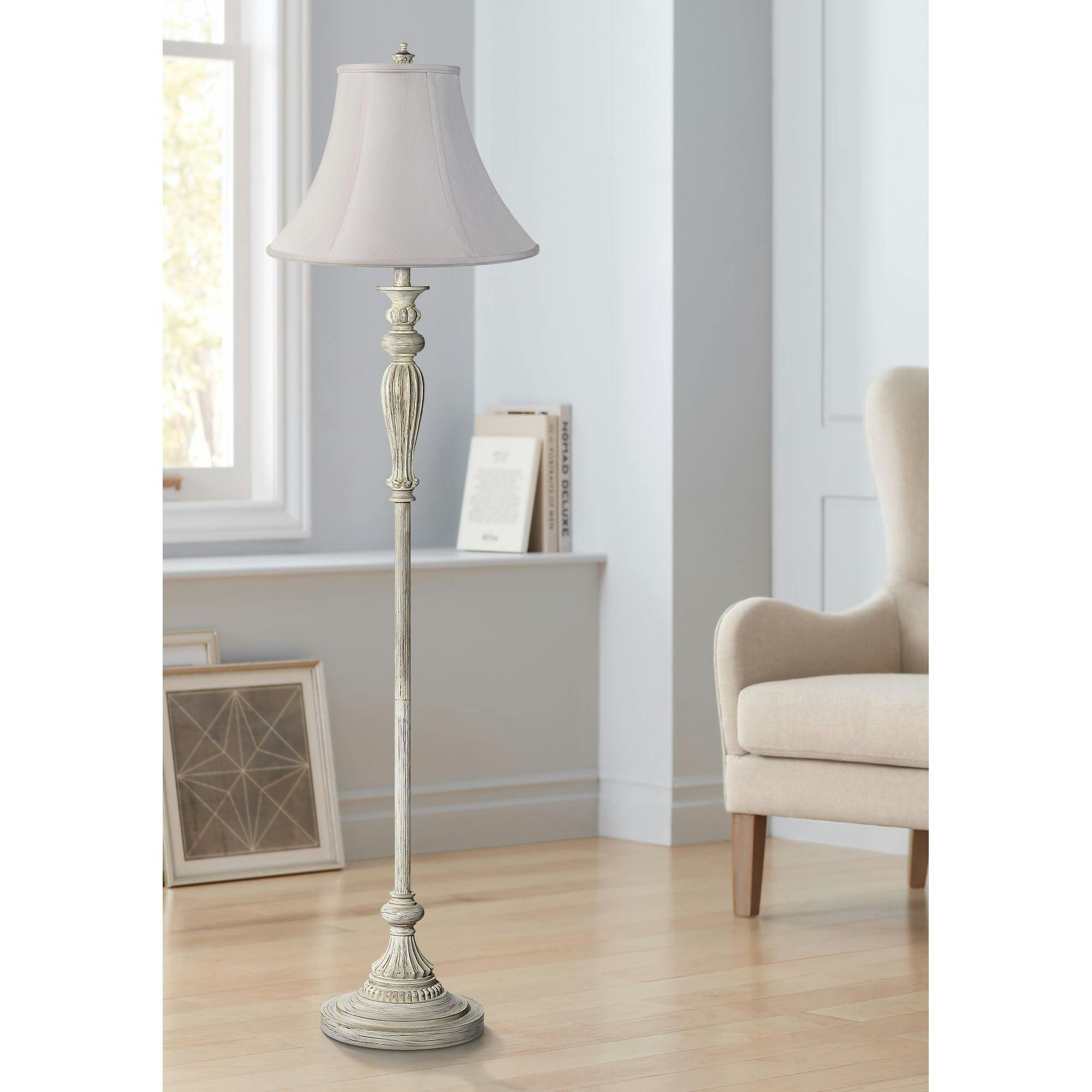 Antique White Washed 60" Floor Lamp with Fabric Bell Shade