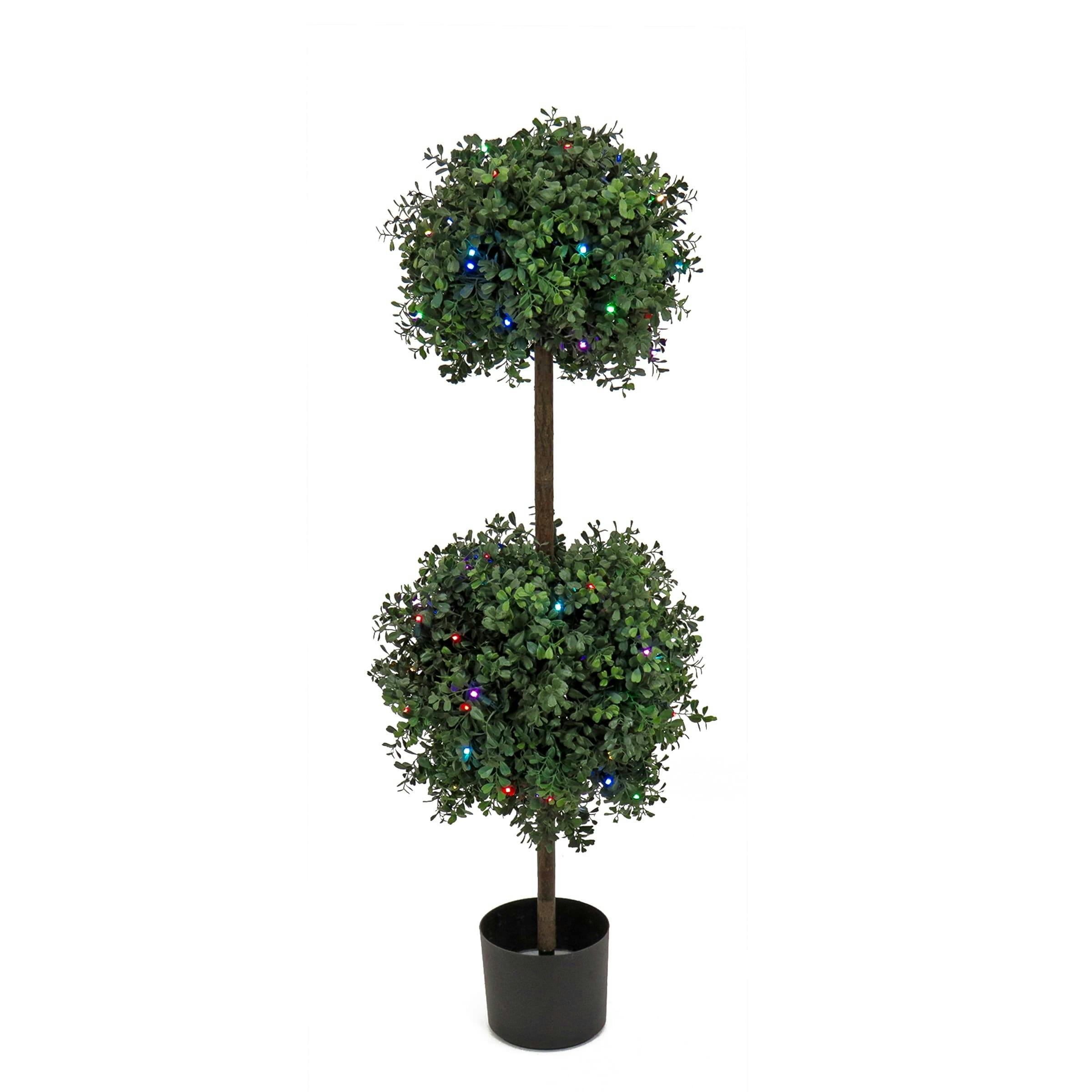 Elegant 46" Multicolor LED Boxwood Double Ball Topiary in Matte Black Pot