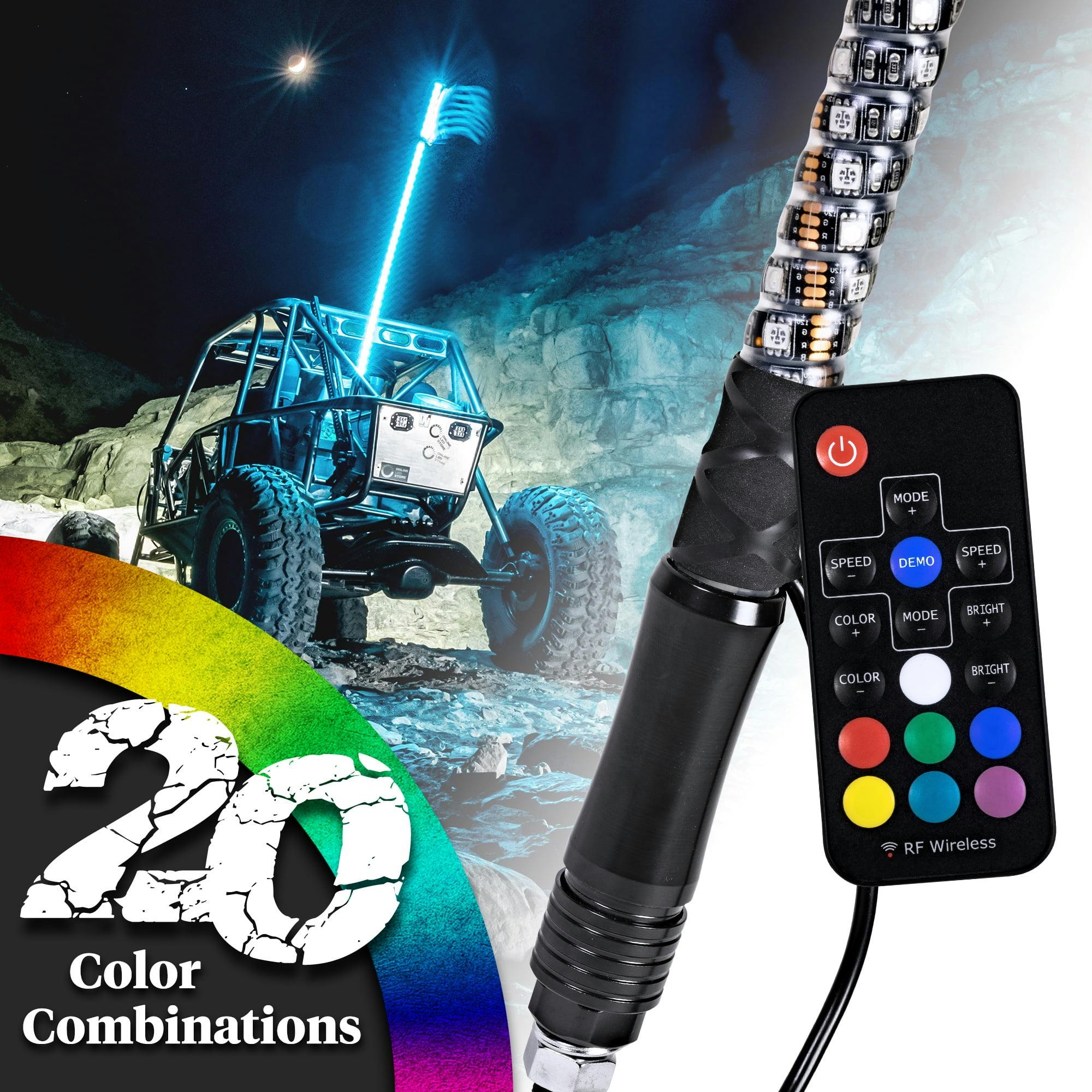 Patriotic 4ft Waterproof LED Whip Light with Remote - 20 Colors & 21 Modes