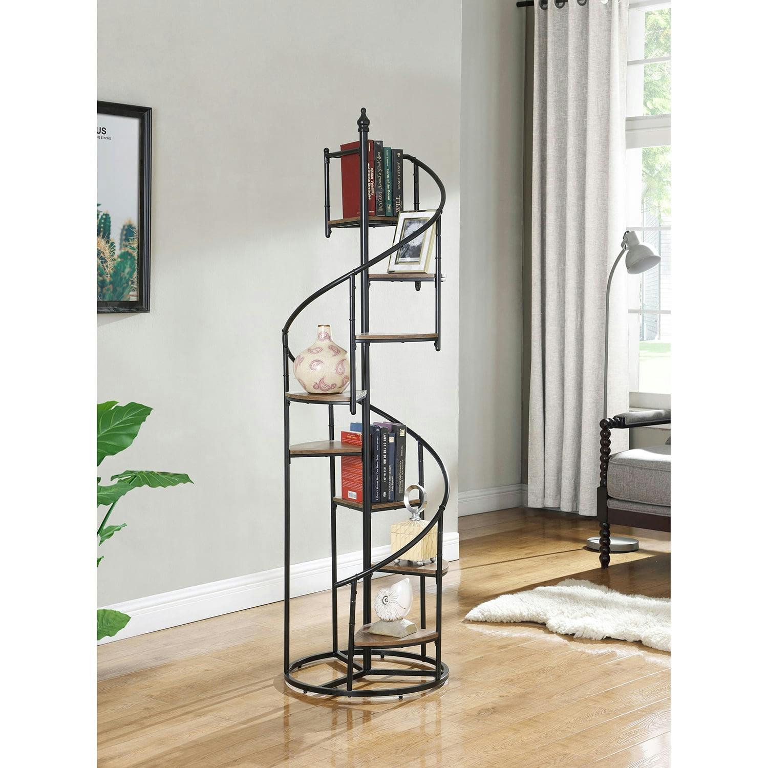 Industrial Spiral 8-Shelf Bookcase in Rustic Brown and Black