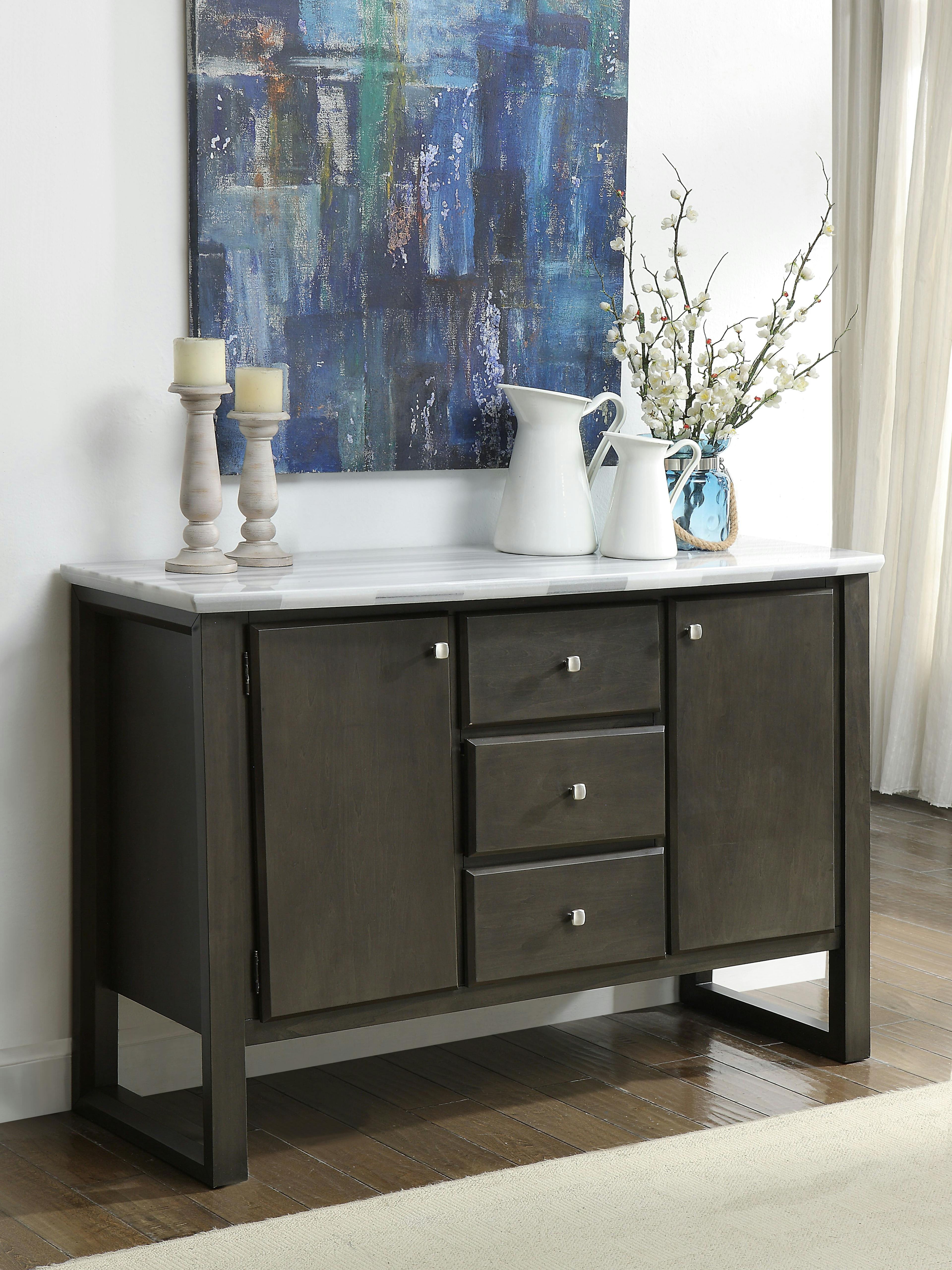 Elegant Transitional Marble-Top Server with Gray Oak Finish and Metal Accents