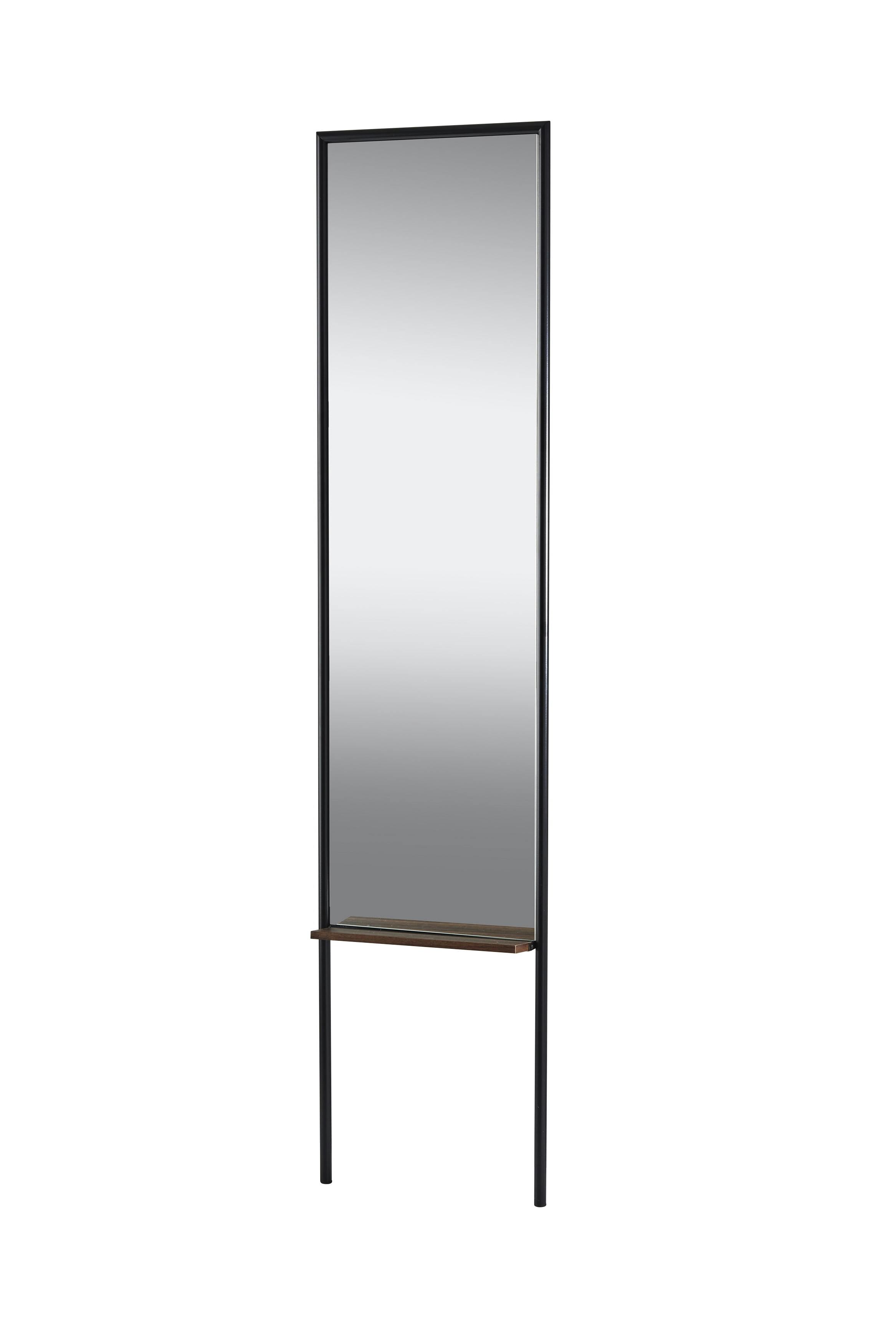 Contemporary Monty 65'' Black Rectangular Leaning Mirror with Walnut Shelf