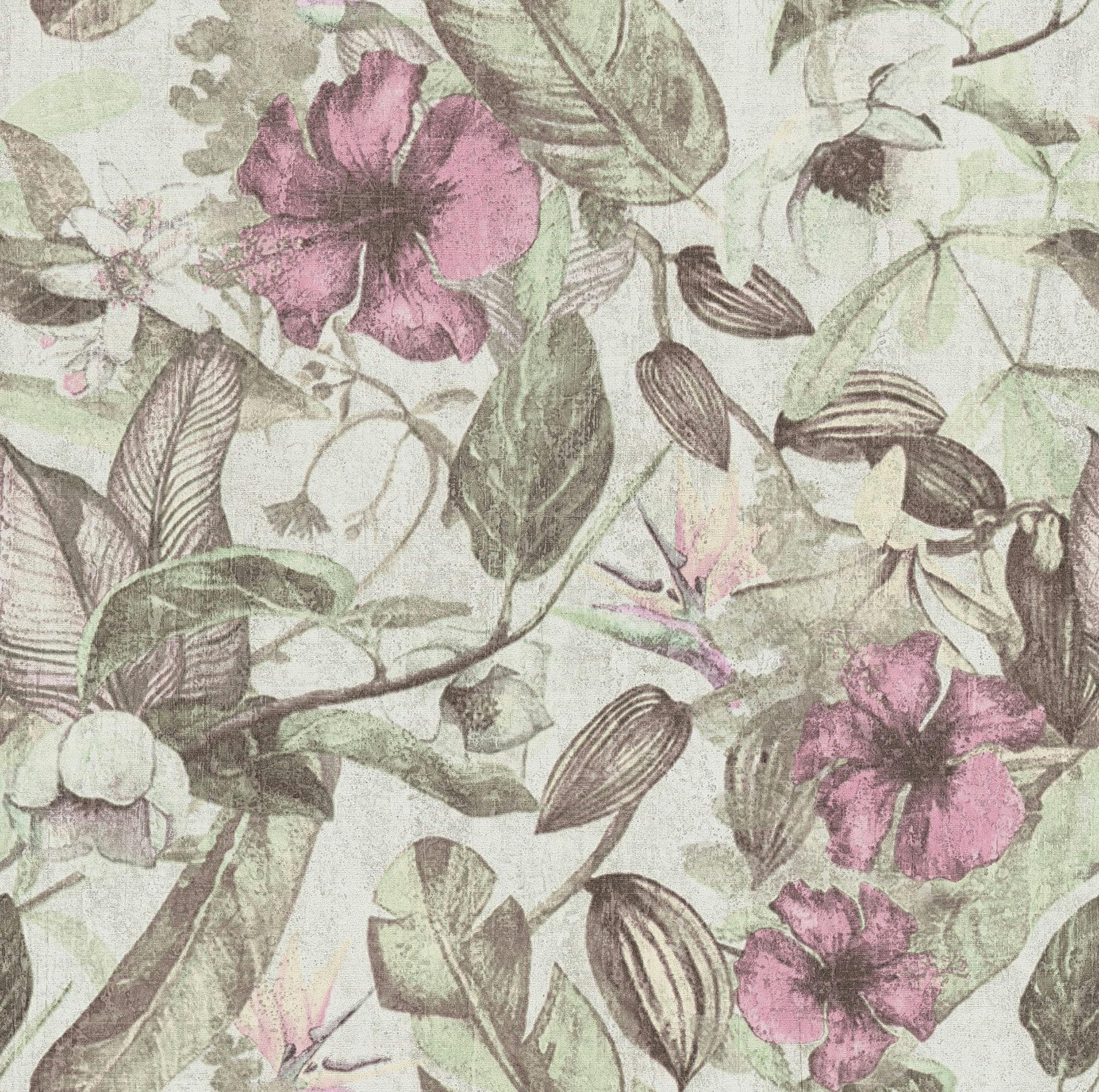 Romantic Vintage Floral Non-Woven Wallpaper in Pastel Pink and Green