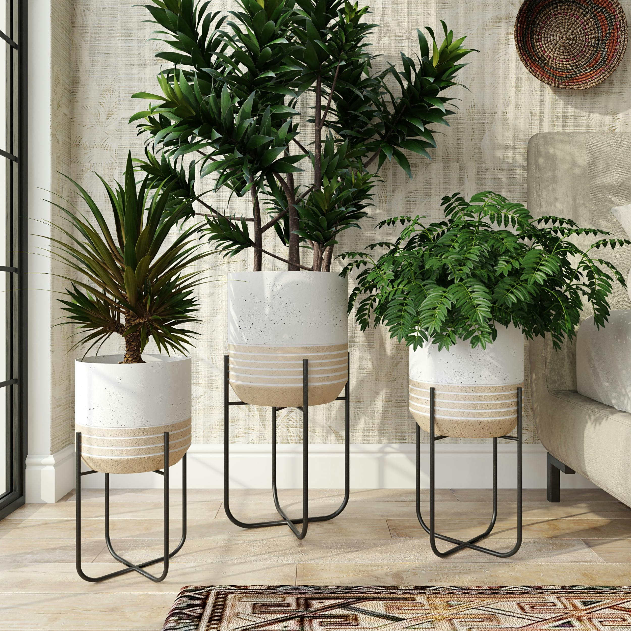 Bodhi Textured Off-White and Tan Metal Planters with Matte Black Legs - Set of 3