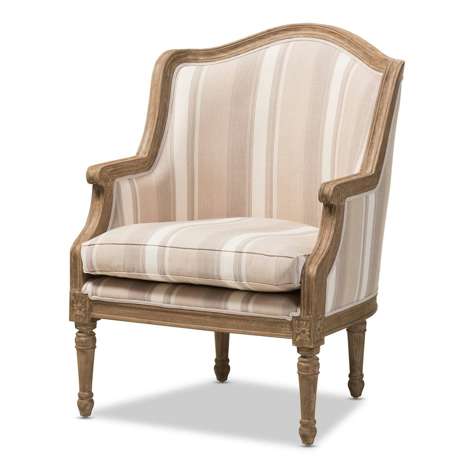 Classic French Oak Accent Chair with Brown Striped Cushion