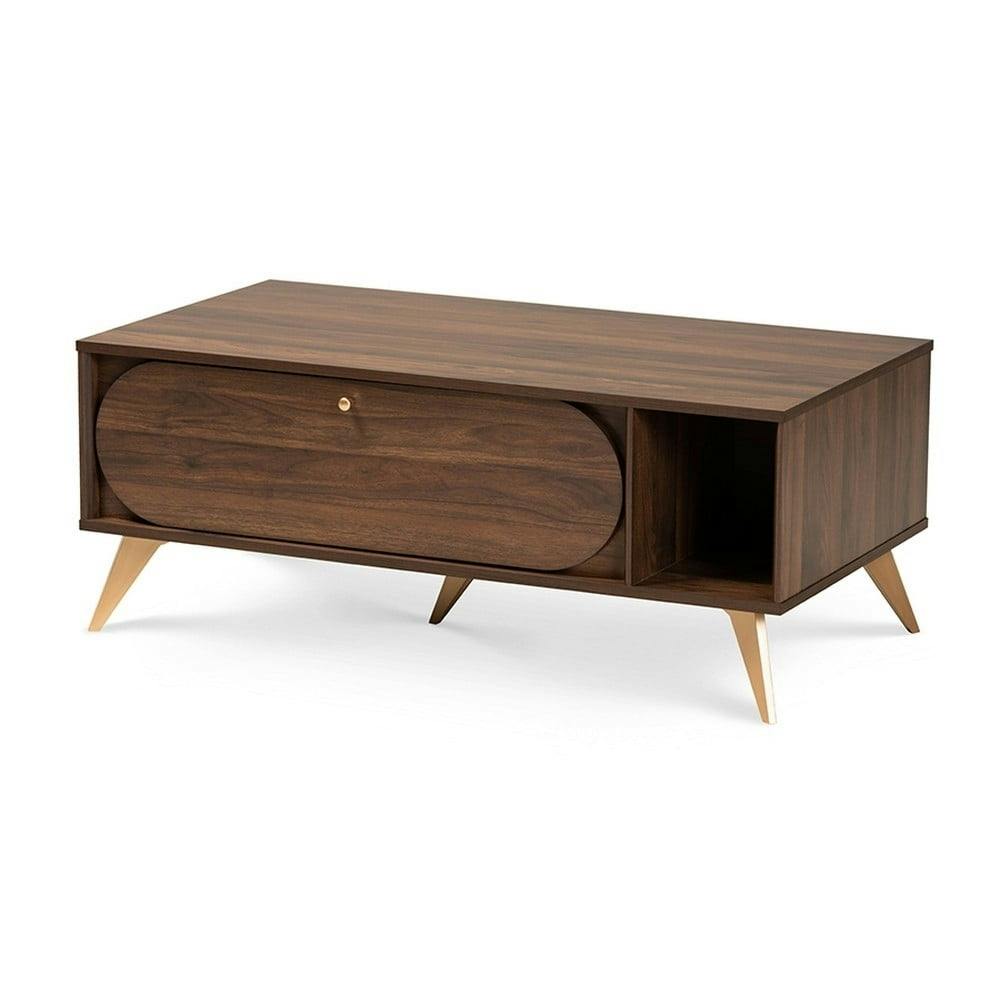 Walnut Brown and Gold Mid-Century Modern Coffee Table with Storage