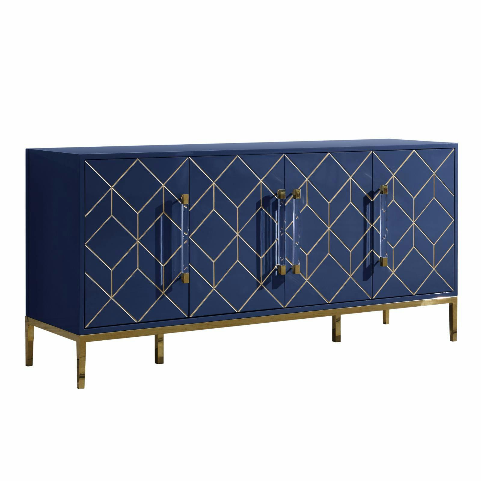 Modern Navy 65" Wood Sideboard with Gold Trim and Soft-Close Drawers