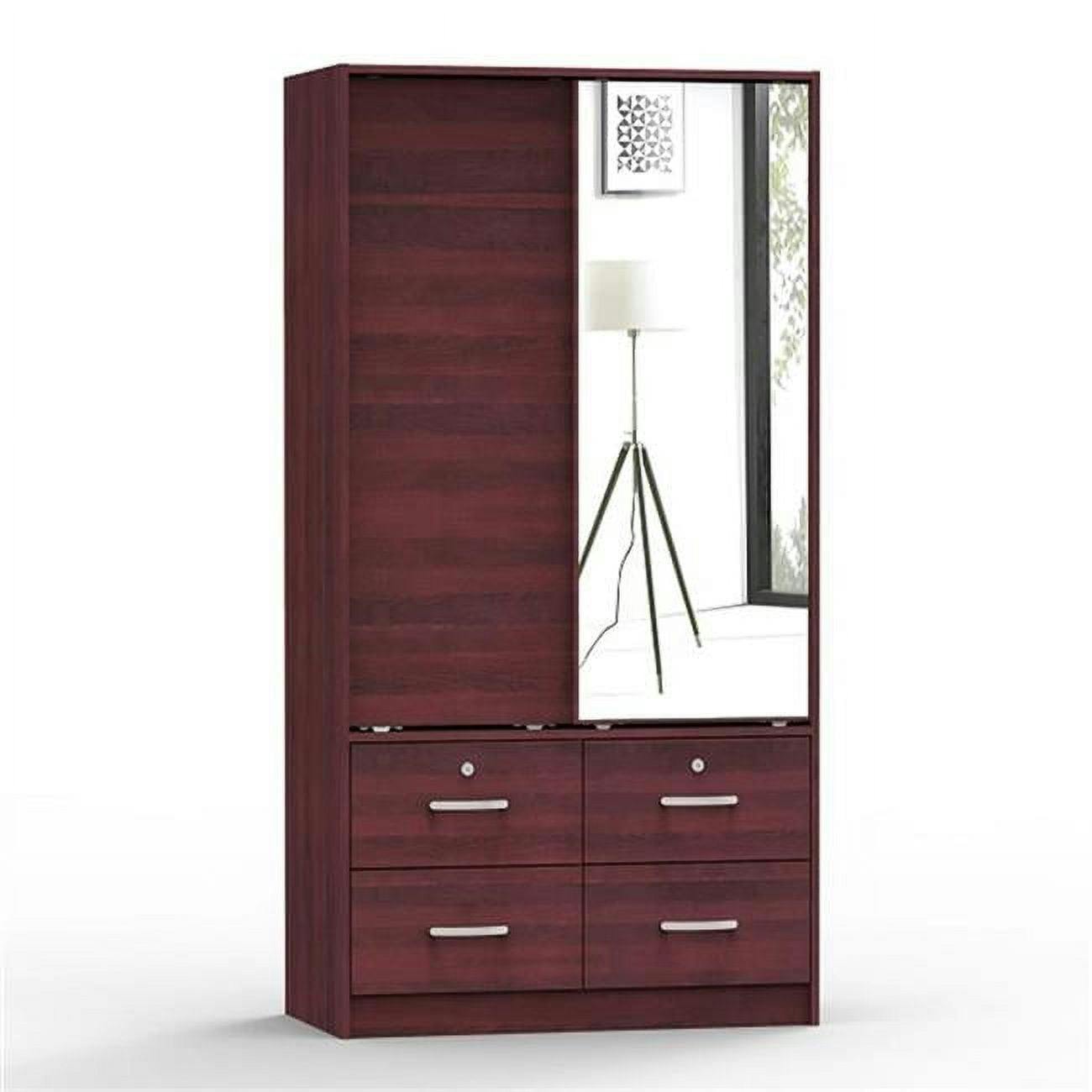 Contemporary Mahogany Armoire with Sliding Mirror Door and Storage