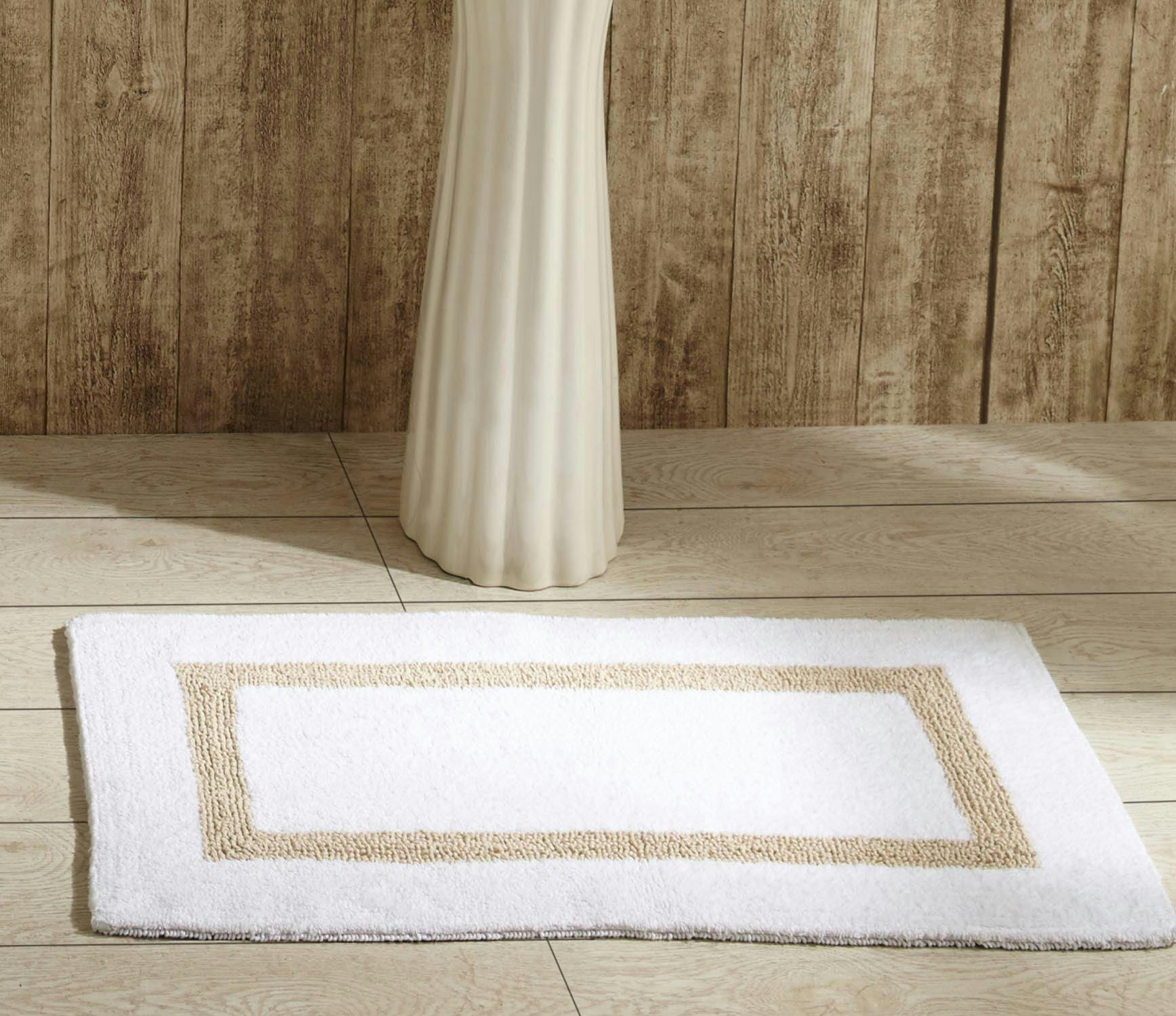 Plush Reversible Cotton Bath Mat Rug in White and Sand, 17" x 24"