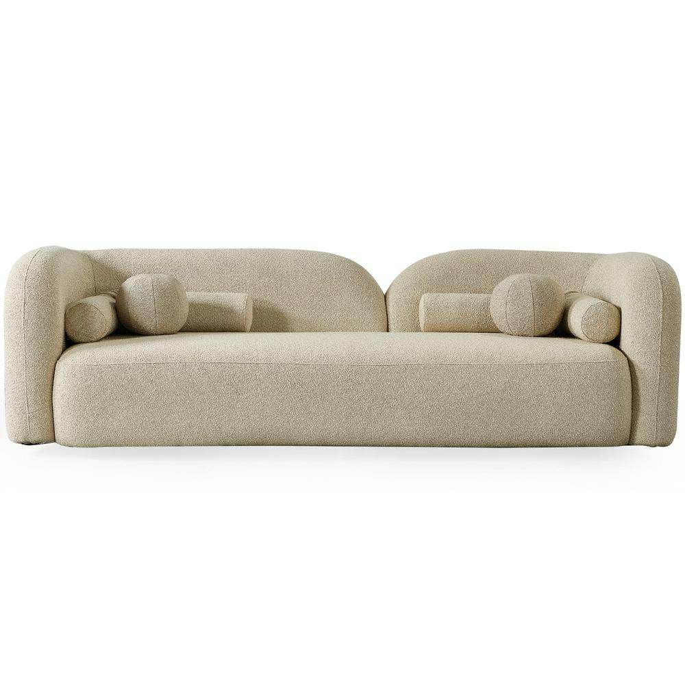 Donna Ivory Boucle Fabric Round Arm Sofa with Solid Wood Frame