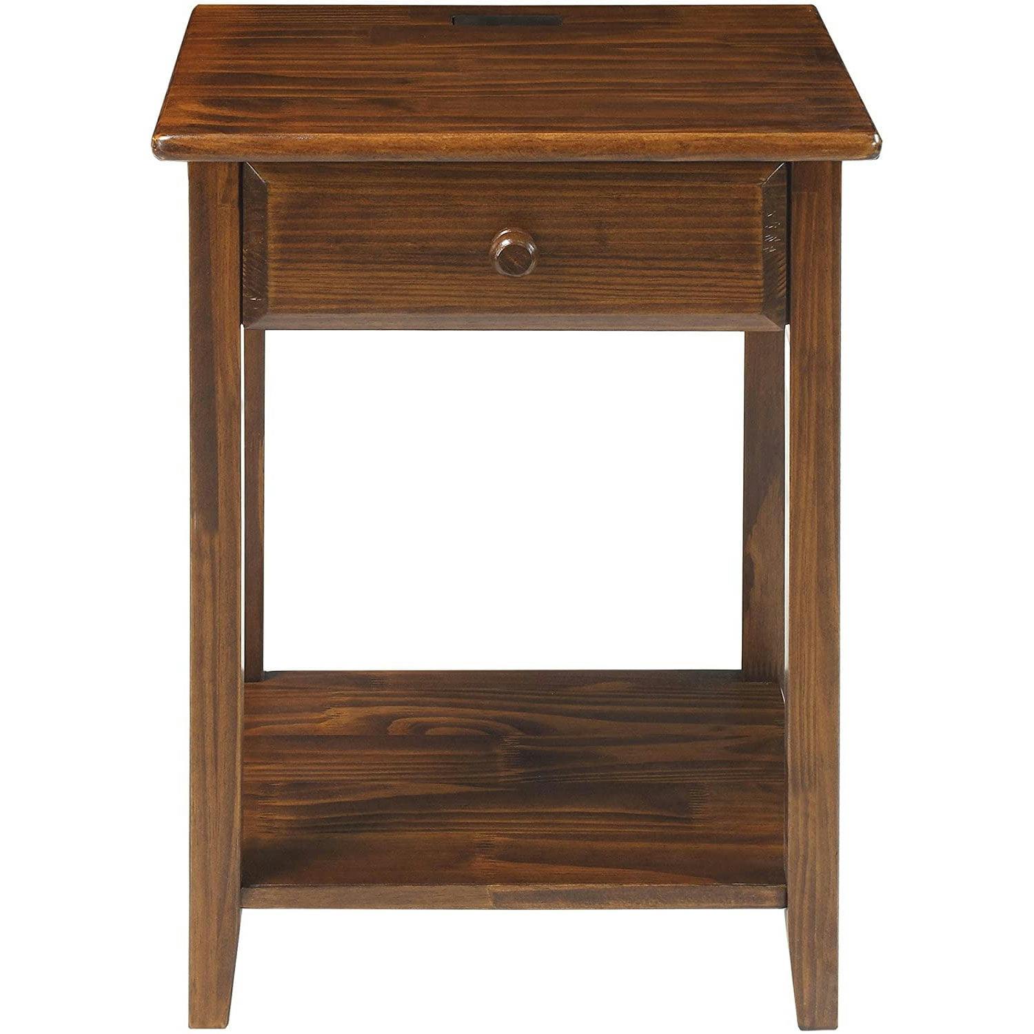Warm Brown Solid Wood Nightstand with USB Charging Station