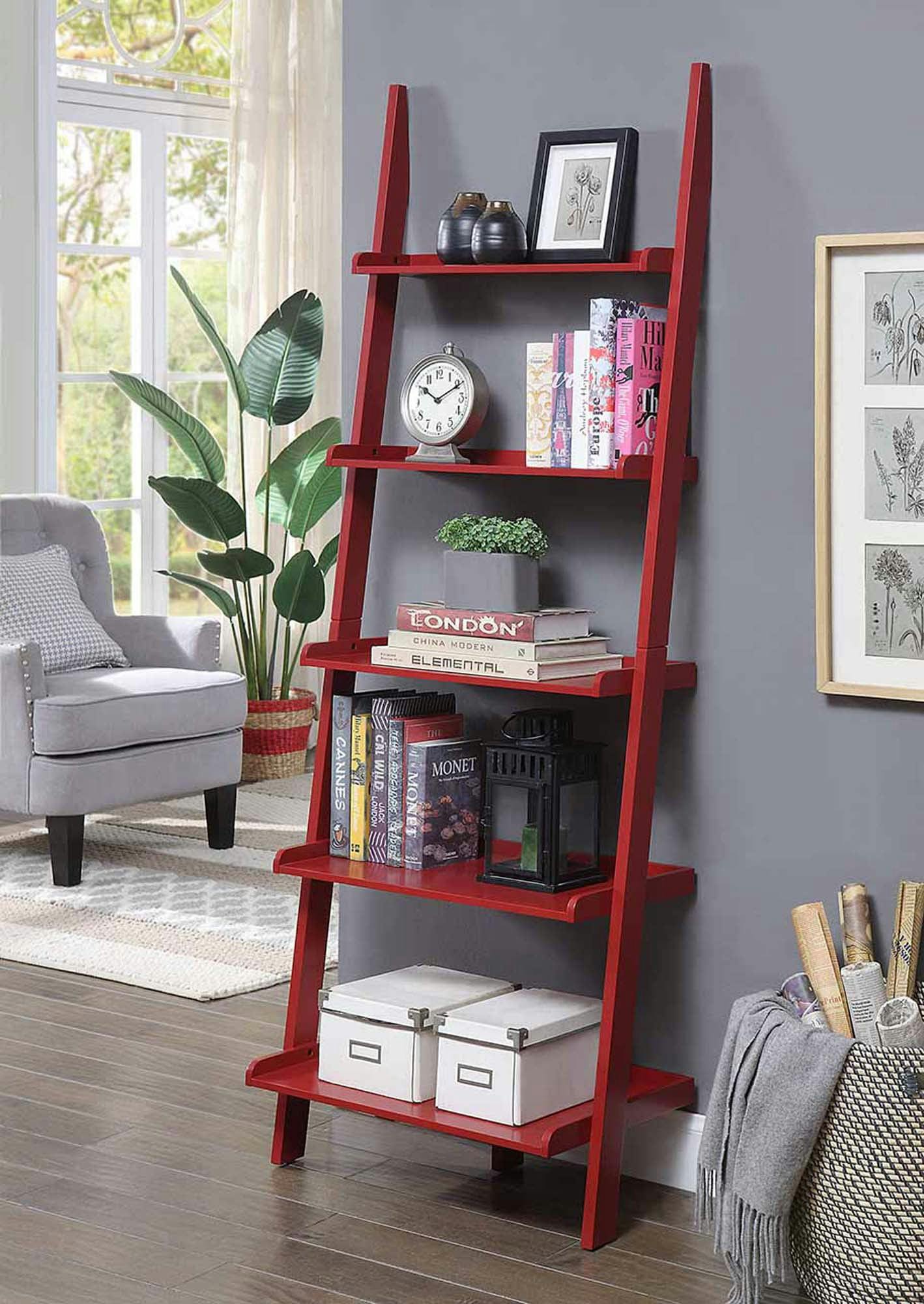 Elegant Black 73" Pine and Birch Veneer Ladder Bookshelf