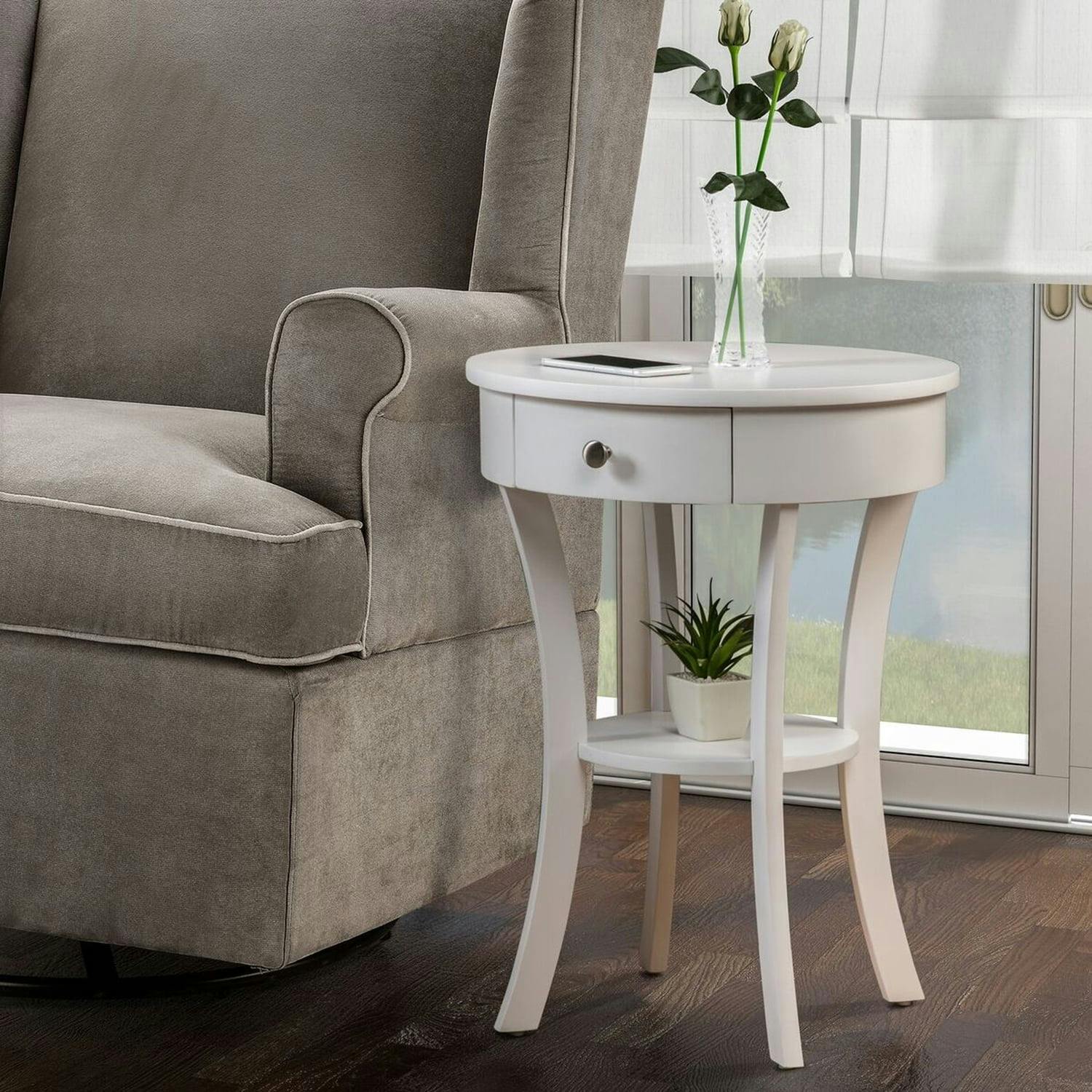 Elegant Round Wood End Table with Storage and Curved Legs, 20"
