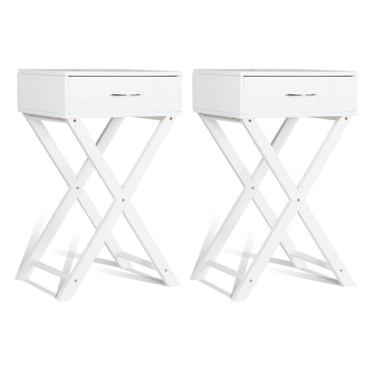 Modern White MDF Nightstand with X-Shape Legs and Storage Drawer