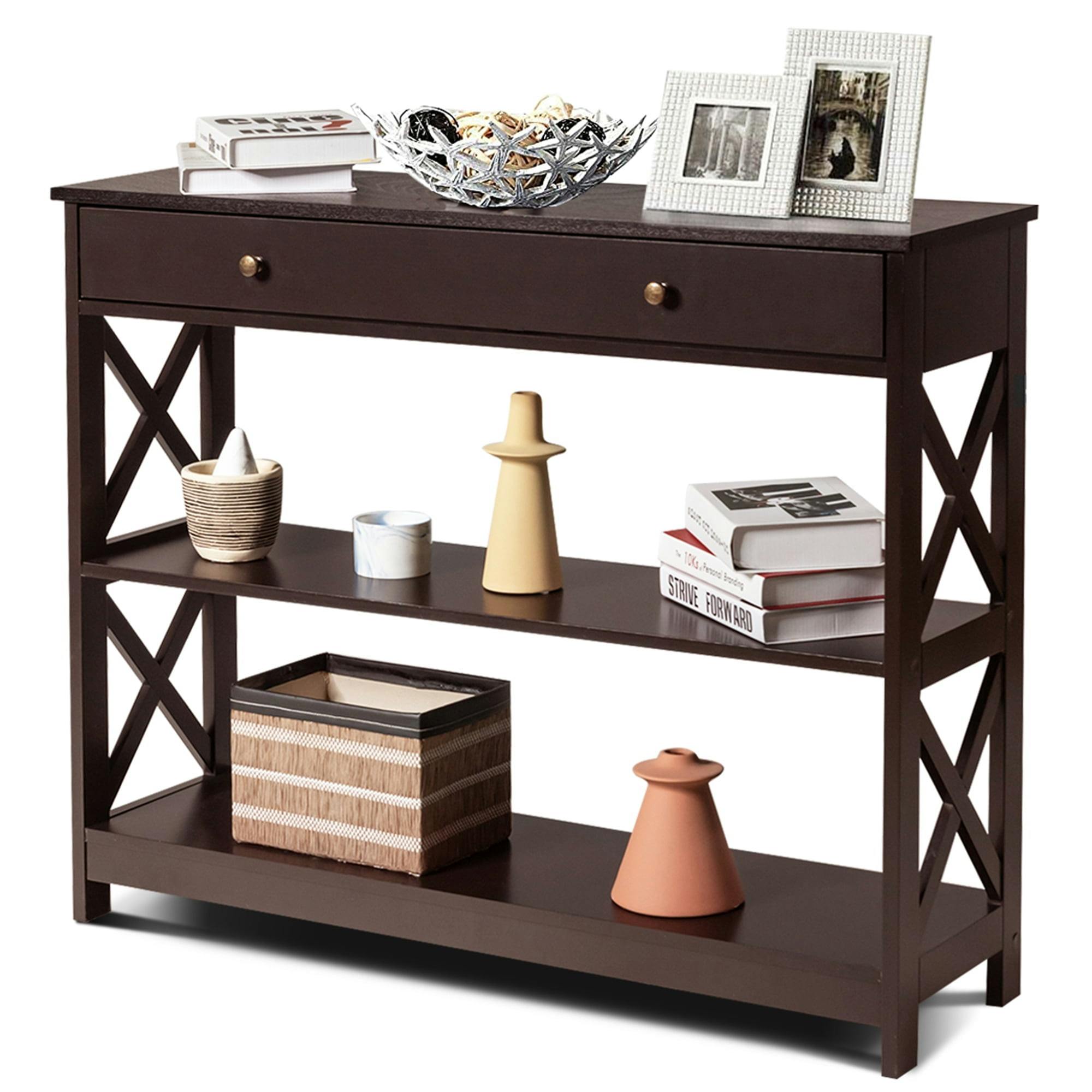 Espresso Solid Wood 3-Tier Console Table with Storage