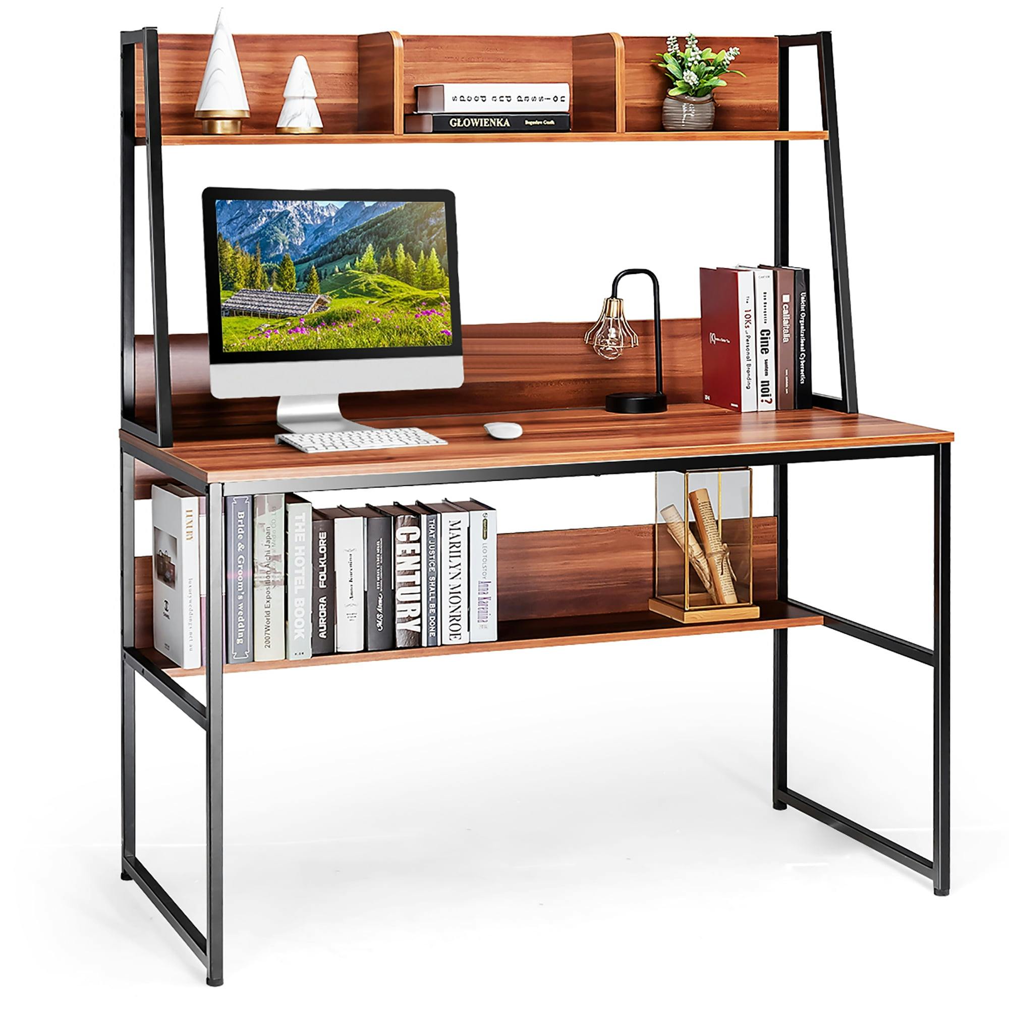 Modern Coffee Metal & Wood L-Shaped Computer Desk with Storage