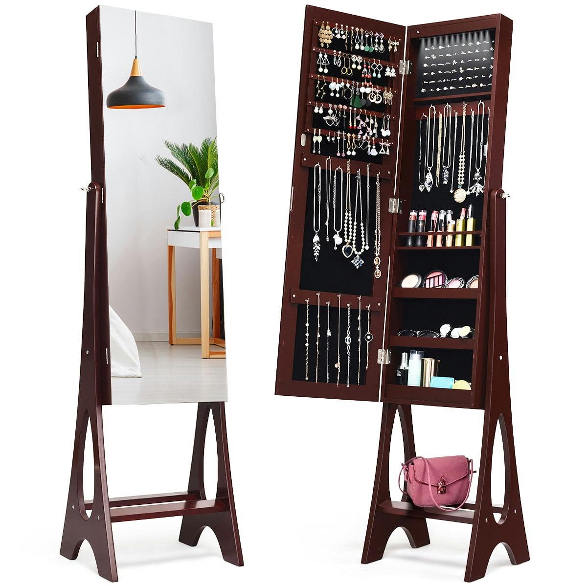 Chic Reddish Brown LED Jewelry Cabinet with Full-Size Mirror
