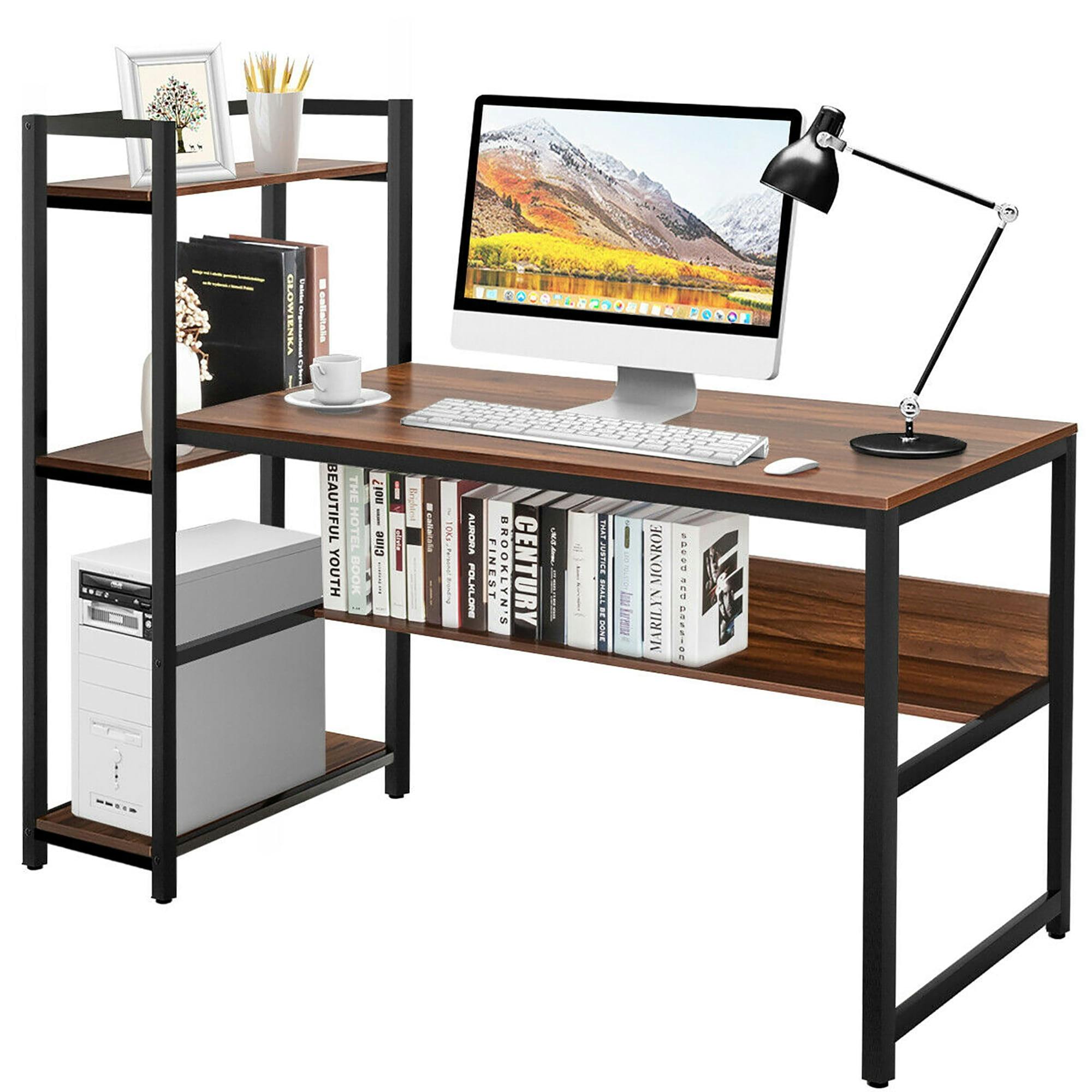 Elegant Walnut L-Shaped Computer Desk with Metal Frame and Storage Shelves