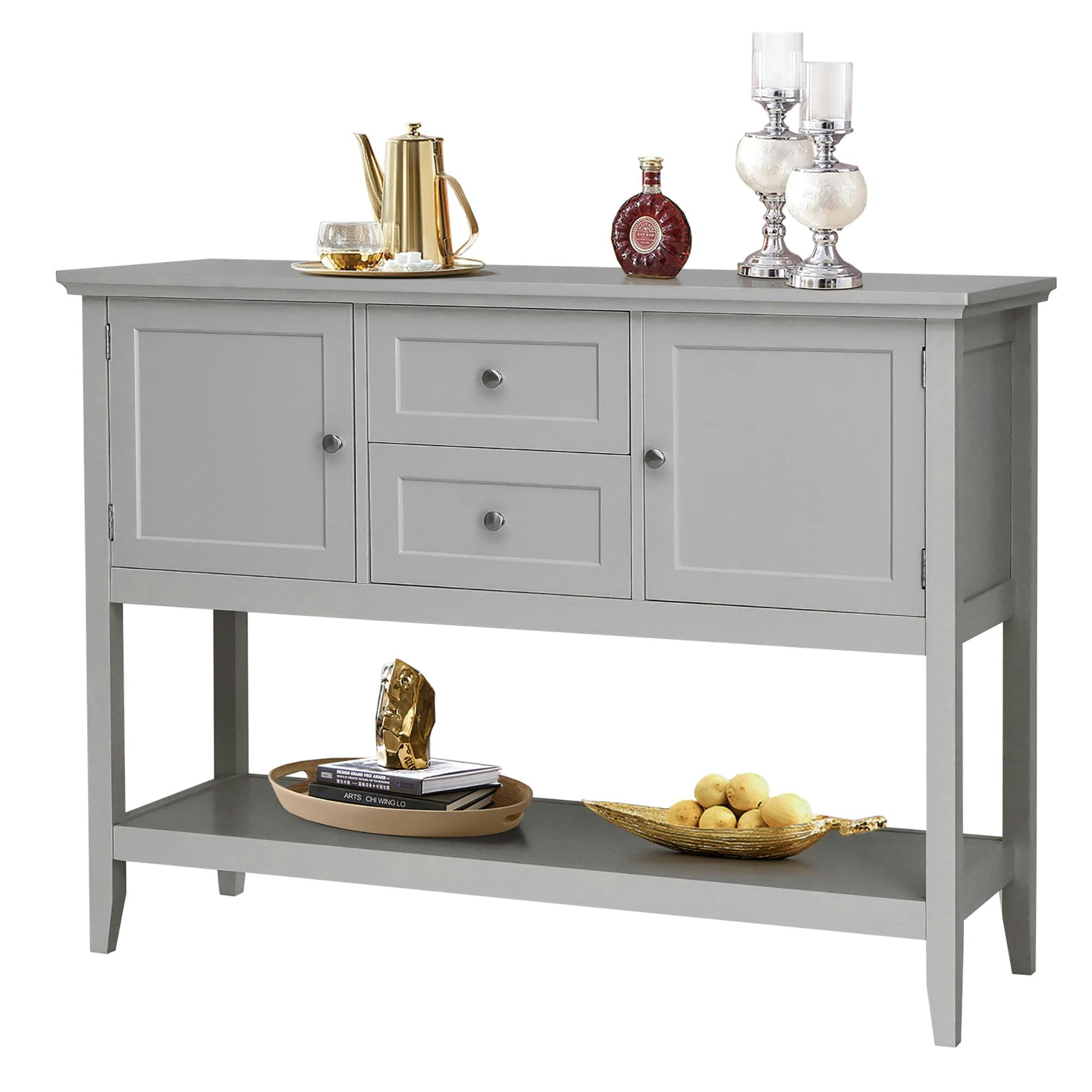 Elegant Gray Wooden Sideboard with Ample Storage and Display Shelf