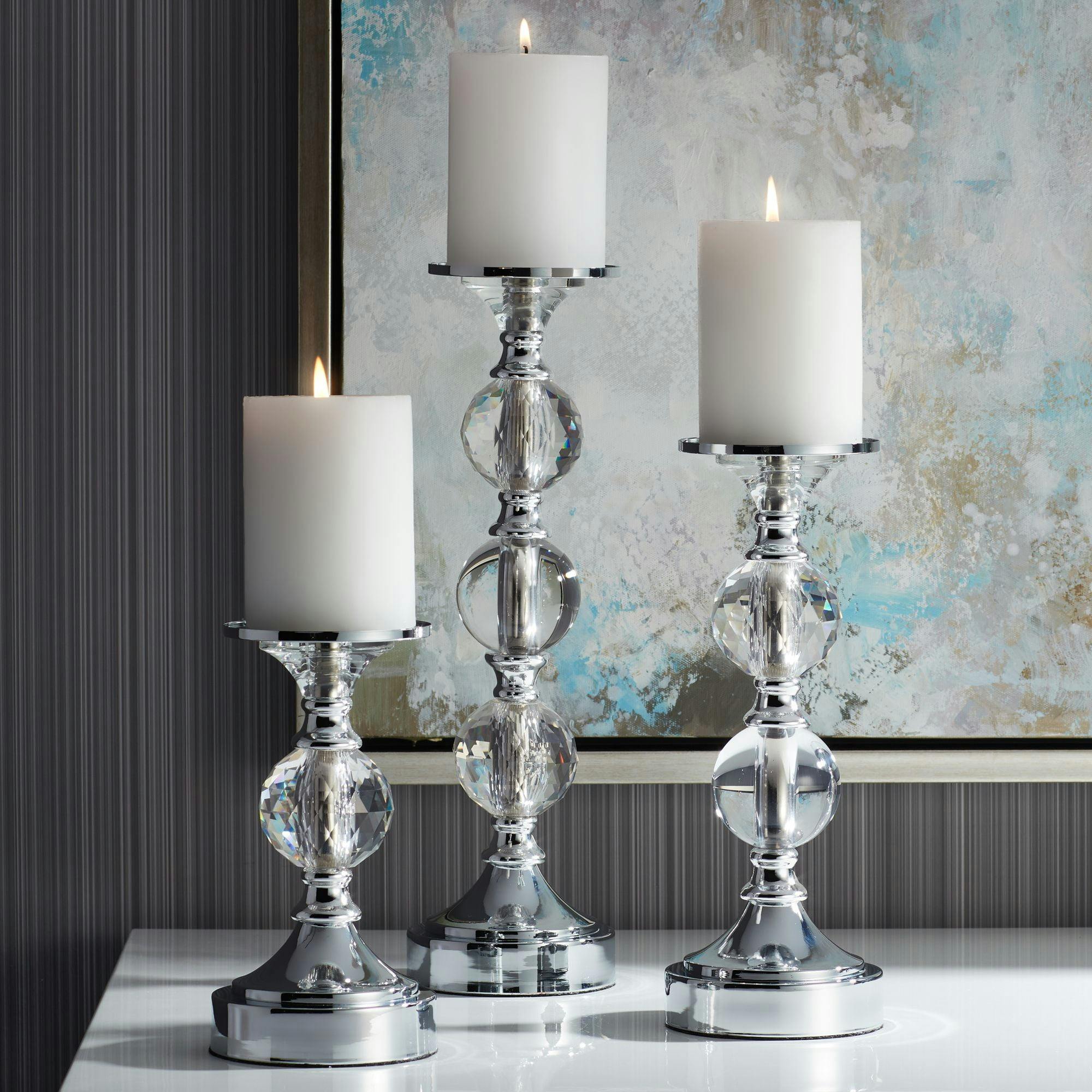 Elegant Chrome and Crystal 3-Piece Pillar Candle Holder Set