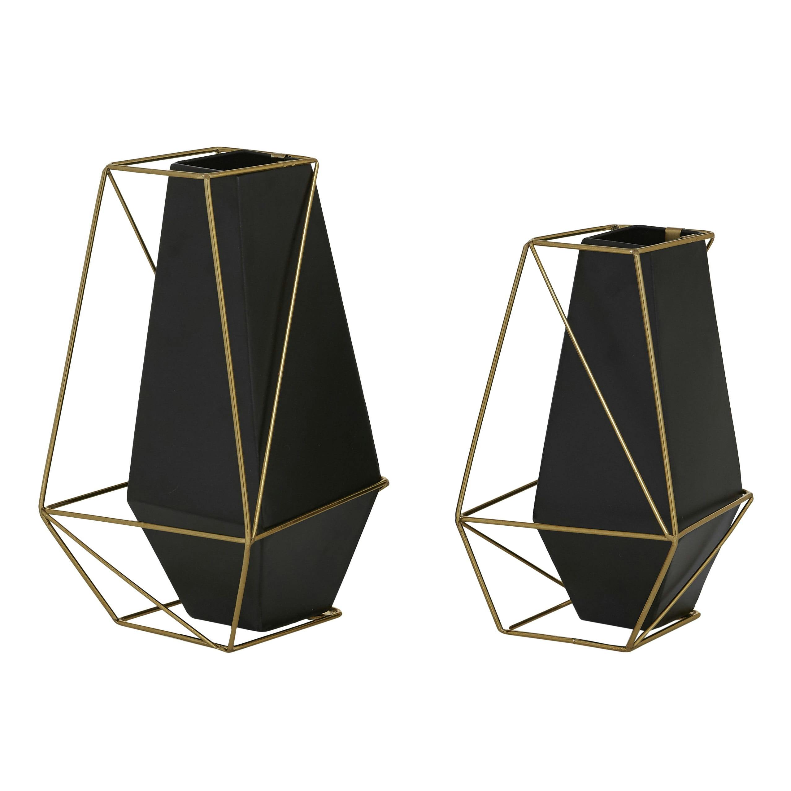 Eclectic Black and Gold Metal Geometric Vase Duo