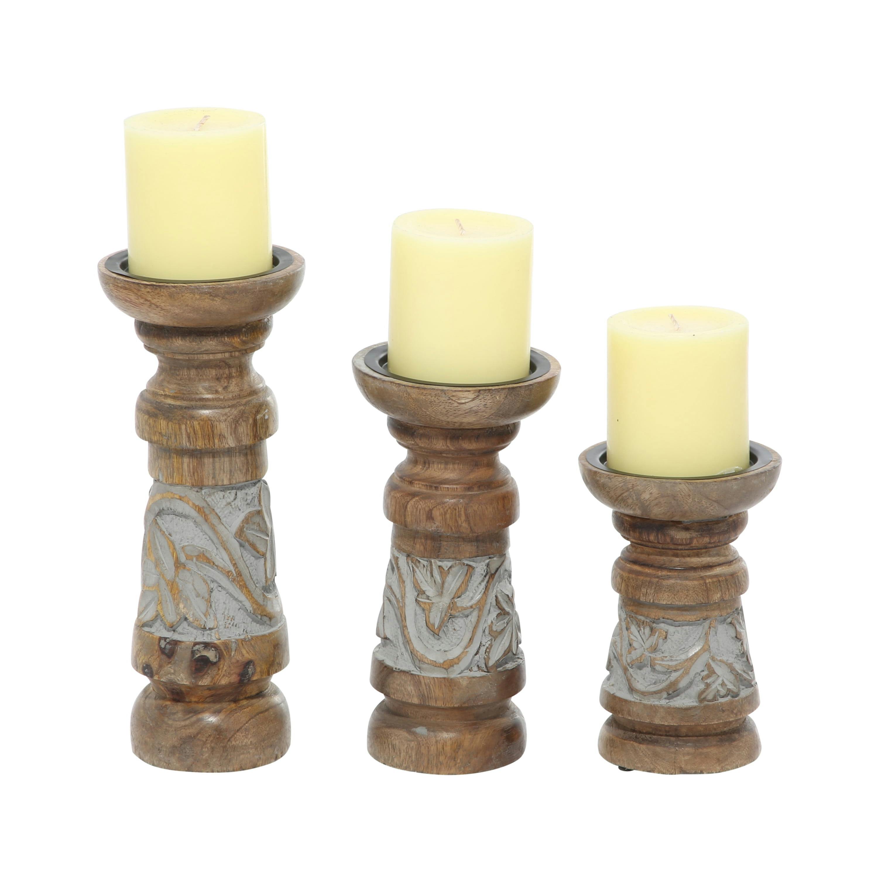 Elegant Bronze & Wood Pillar Candle Holder Trio, 3.9" x 9.95"
