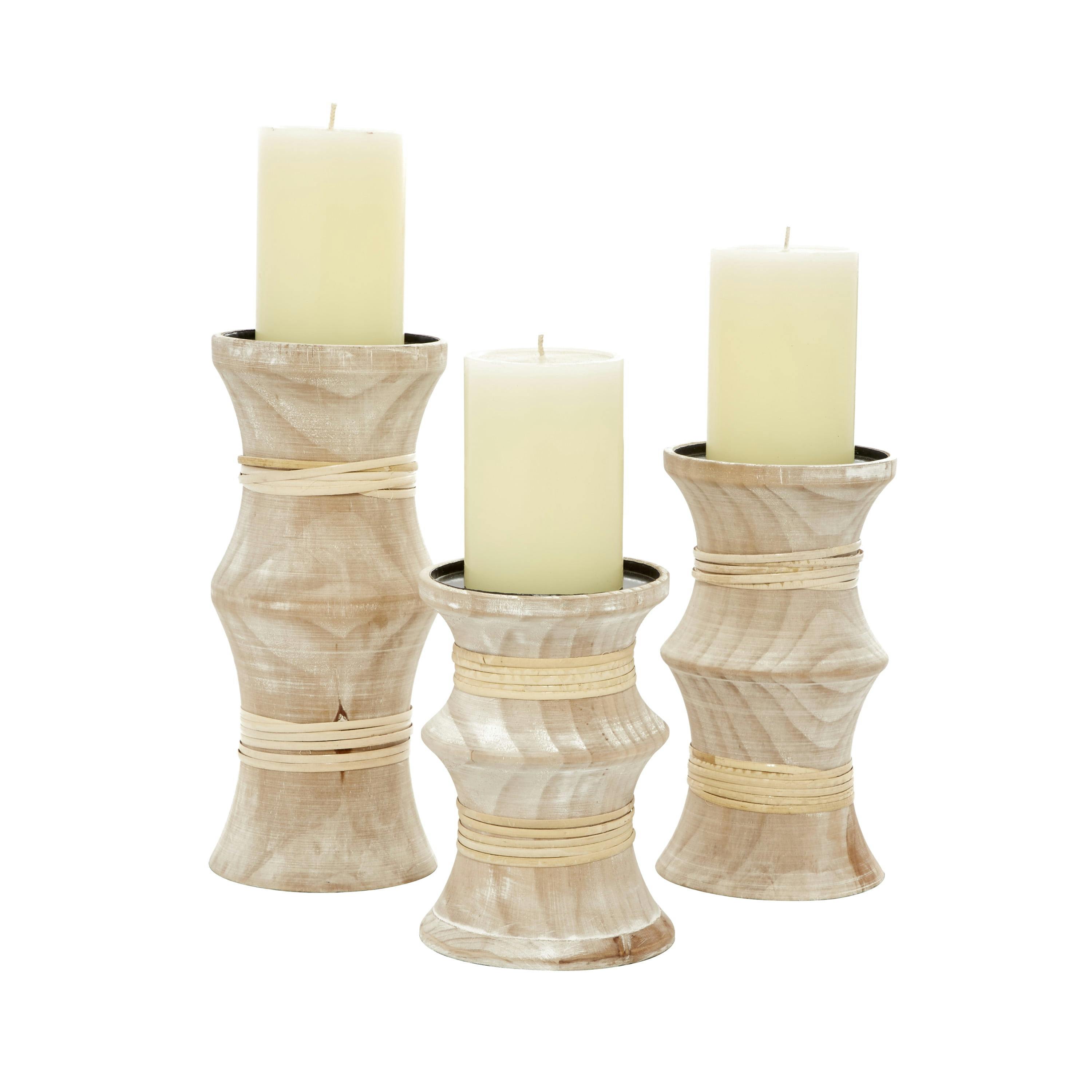 Rustic Whitewashed Wooden Candlestick Trio - Brown, Set of 3