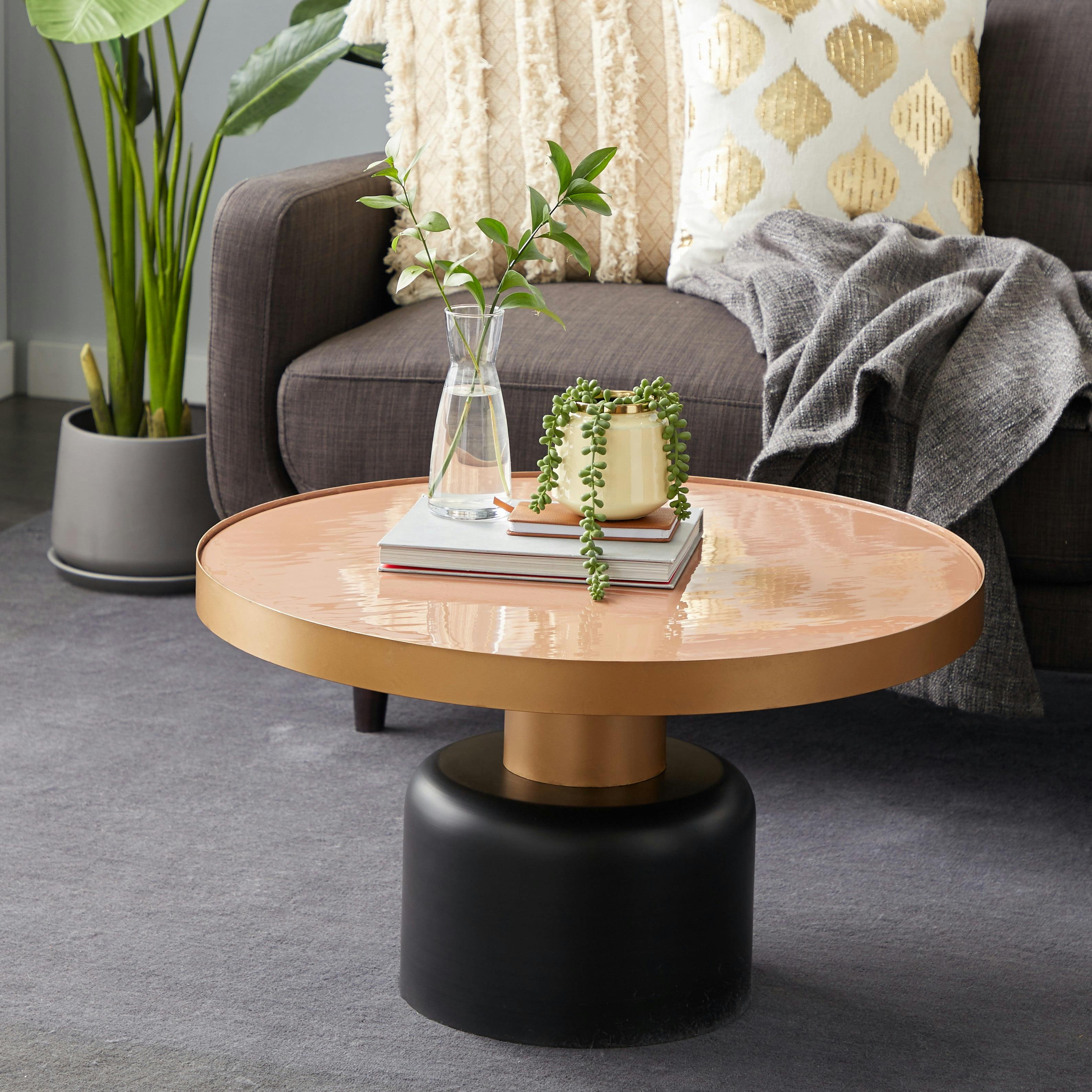 Elegant Gold and Black Round Metal Coffee Table with Enamel Inlay