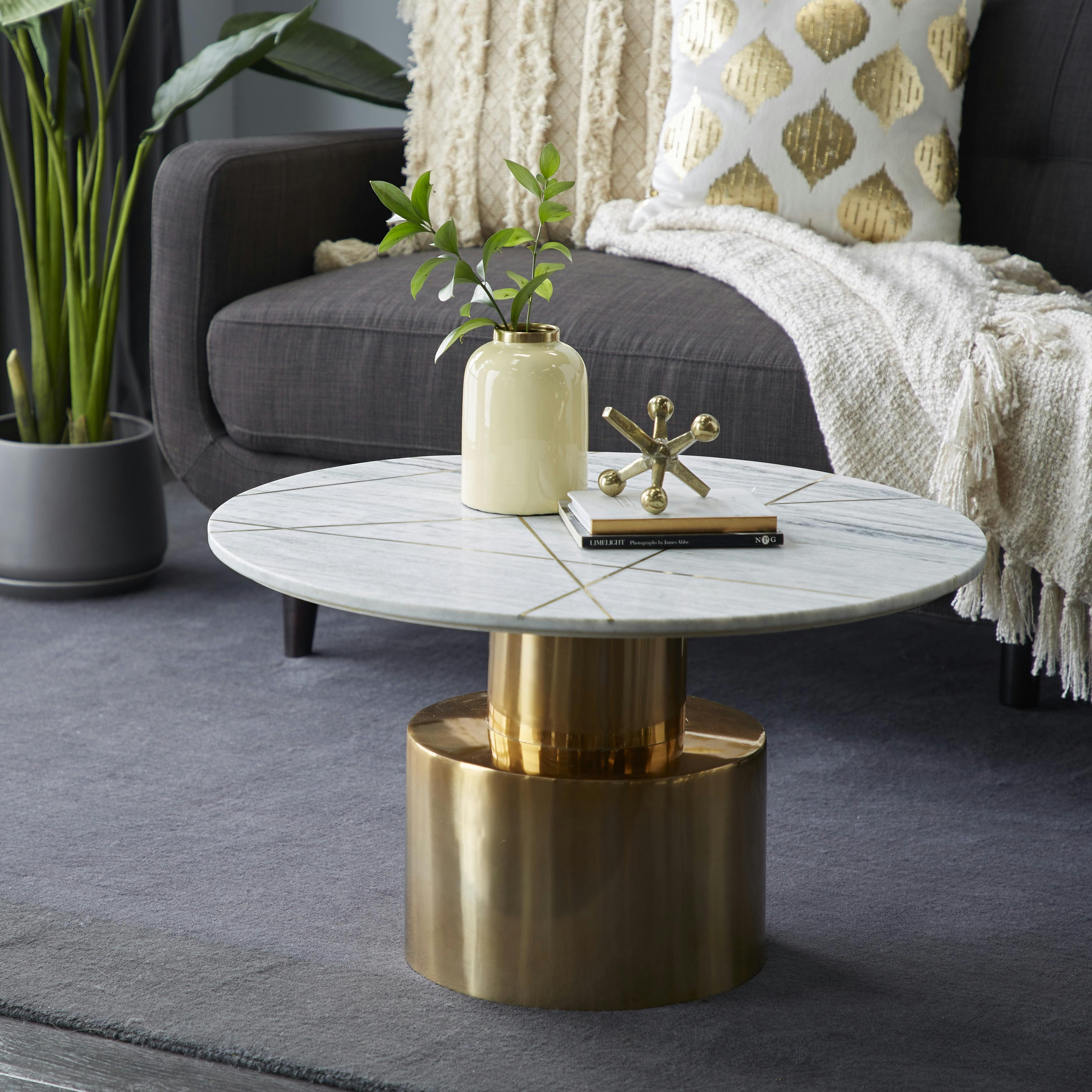 Elegant 30.5" Round Marble Coffee Table with Gold Inlay and Stainless Steel Base